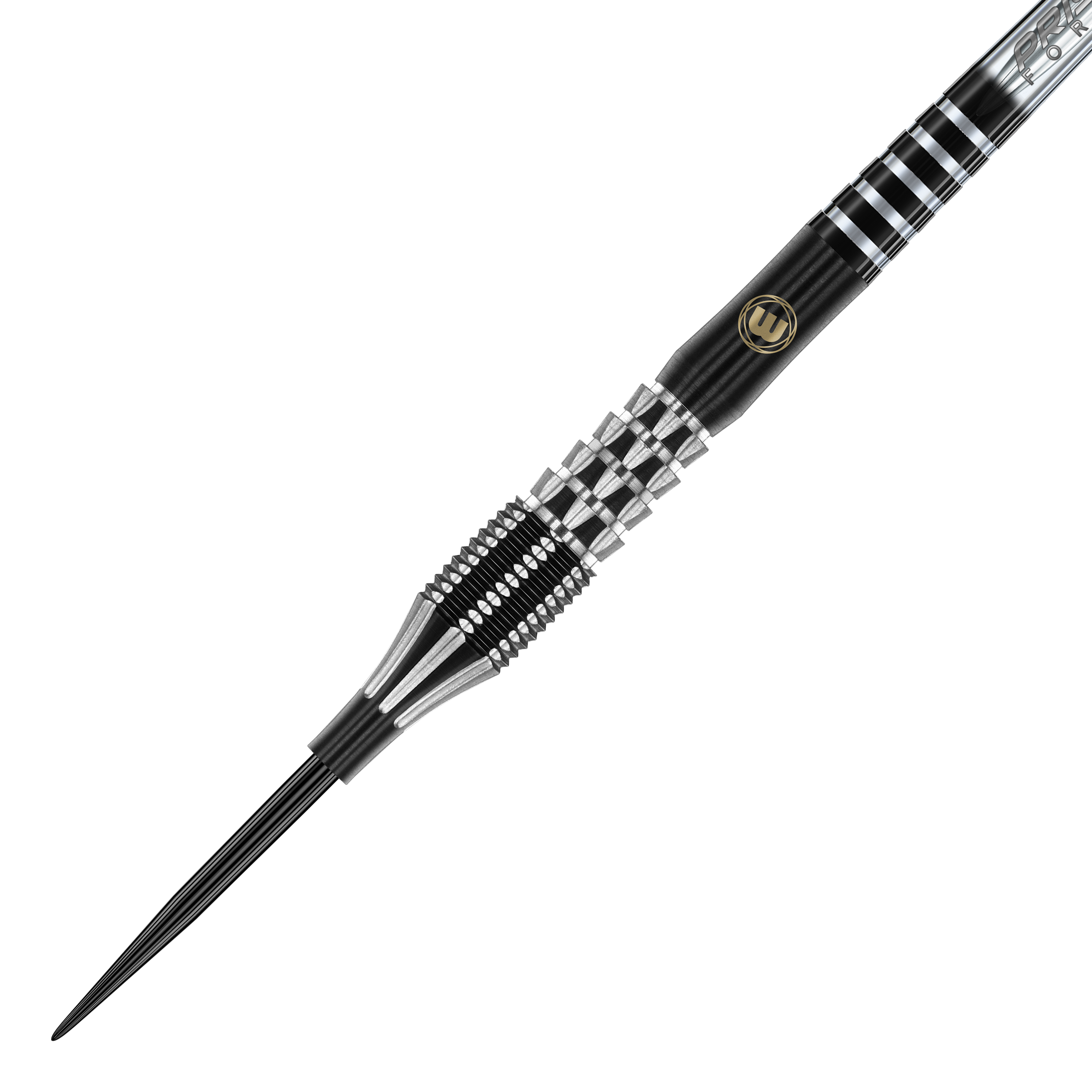 Das Bild zeigt einen Winmau Sniper Special Edition V1 Steeldart. Der Dart hat ein modernes, schwarz-silbernes Design mit einer strukturierten Griffzone.