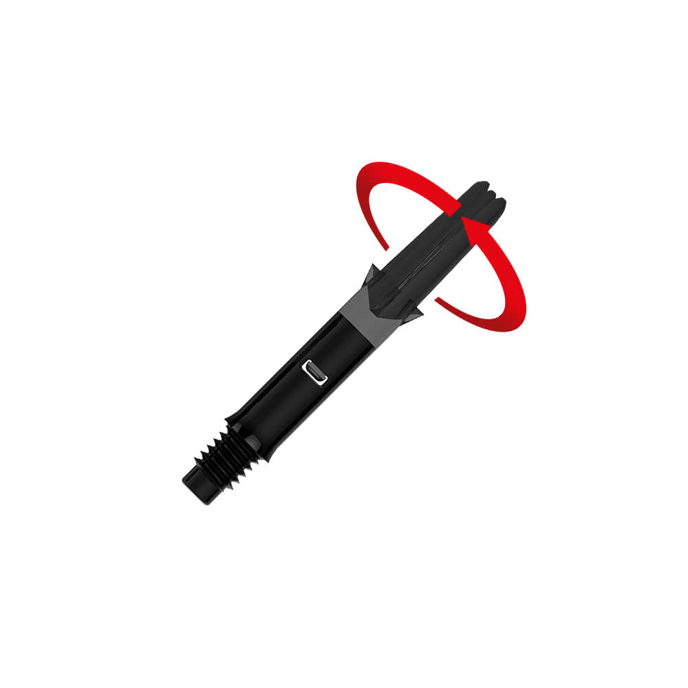 L-Style L-Shafts Silent Straight - Schwarz 190 Das Bild zeigt einen schwarzen Dart-Schaft ohne Kappen. Ein roter Pfeil deutet eine Drehbewegung am oberen Ende des Schafts an.