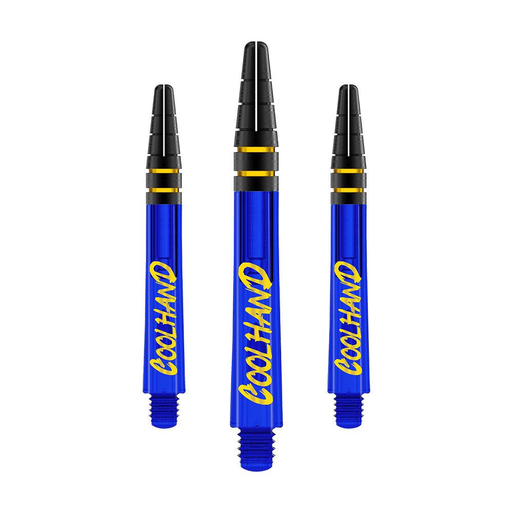 Red Dragon Nitrotech Luke Humphries Coolhand Shafts - Blau Das Bild zeigt drei blaue Dartschäfte mit der gelben Aufschrift "COOLHAND". Die Schäfte haben schwarze und goldene Ringe am oberen Ende.
