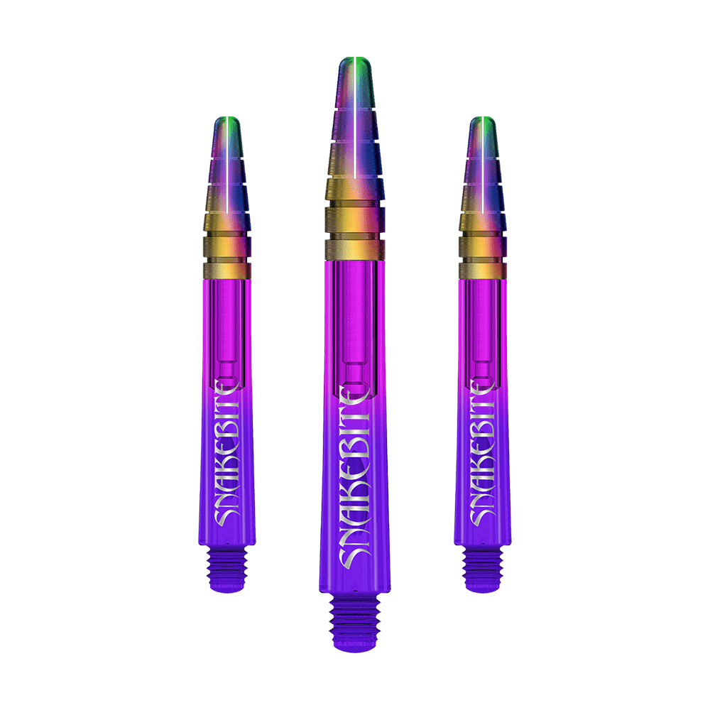 C794_Red_Dragon_Nitrotech_Peter_Wright_Purple_Ionic_Shafts_42mm_1 Auf dem Bild sind drei bunte Dartschäfte zu sehen, die hauptsächlich lila gefärbt sind. Oben haben sie einen regenbogenfarbenen Abschluss und an der Seite steht das Wort "SNAKEBITE".