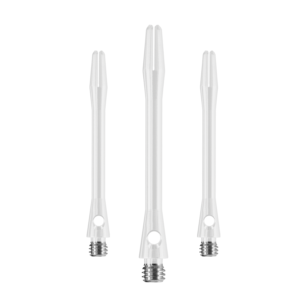 Das Bild zeigt drei weiße Harrows Keramic Shafts für Darts. Sie sind in unterschiedlichen Längen dargestellt und haben ein modernes, schlankes Design.