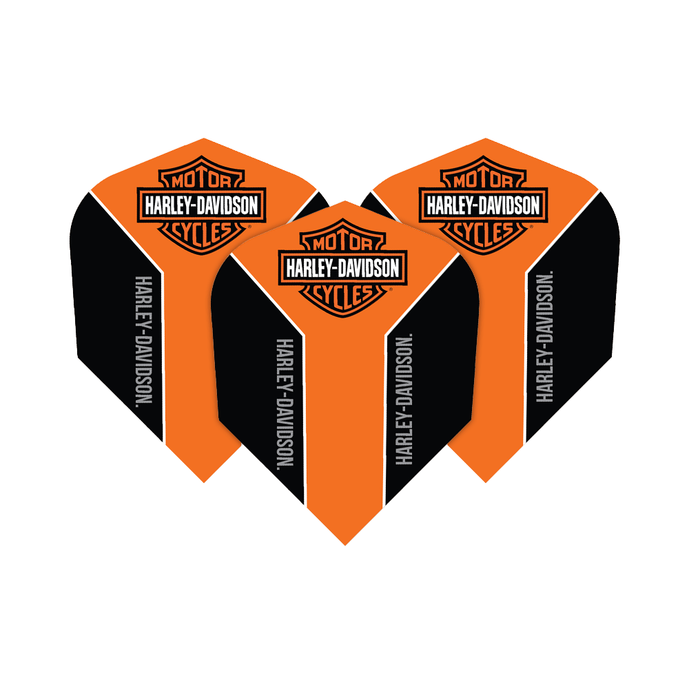 Das Bild zeigt drei Pfeilflights mit dem Harley-Davidson Logo in Orange und Schwarz. Auf jedem Flight steht seitlich der Schriftzug "HARLEY-DAVIDSON".