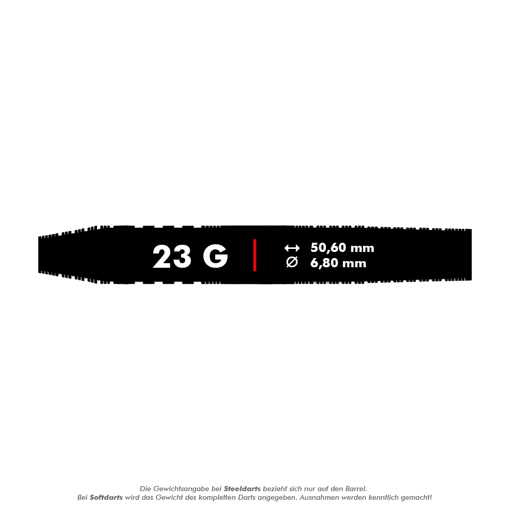 Bulls NL Richard Veenstra 80 Steeldarts - 23g Das Bild zeigt einen Steeldart mit der Aufschrift "23 G". Außerdem sind die Maße 50,60 mm Länge und 6,80 mm Durchmesser angegeben.