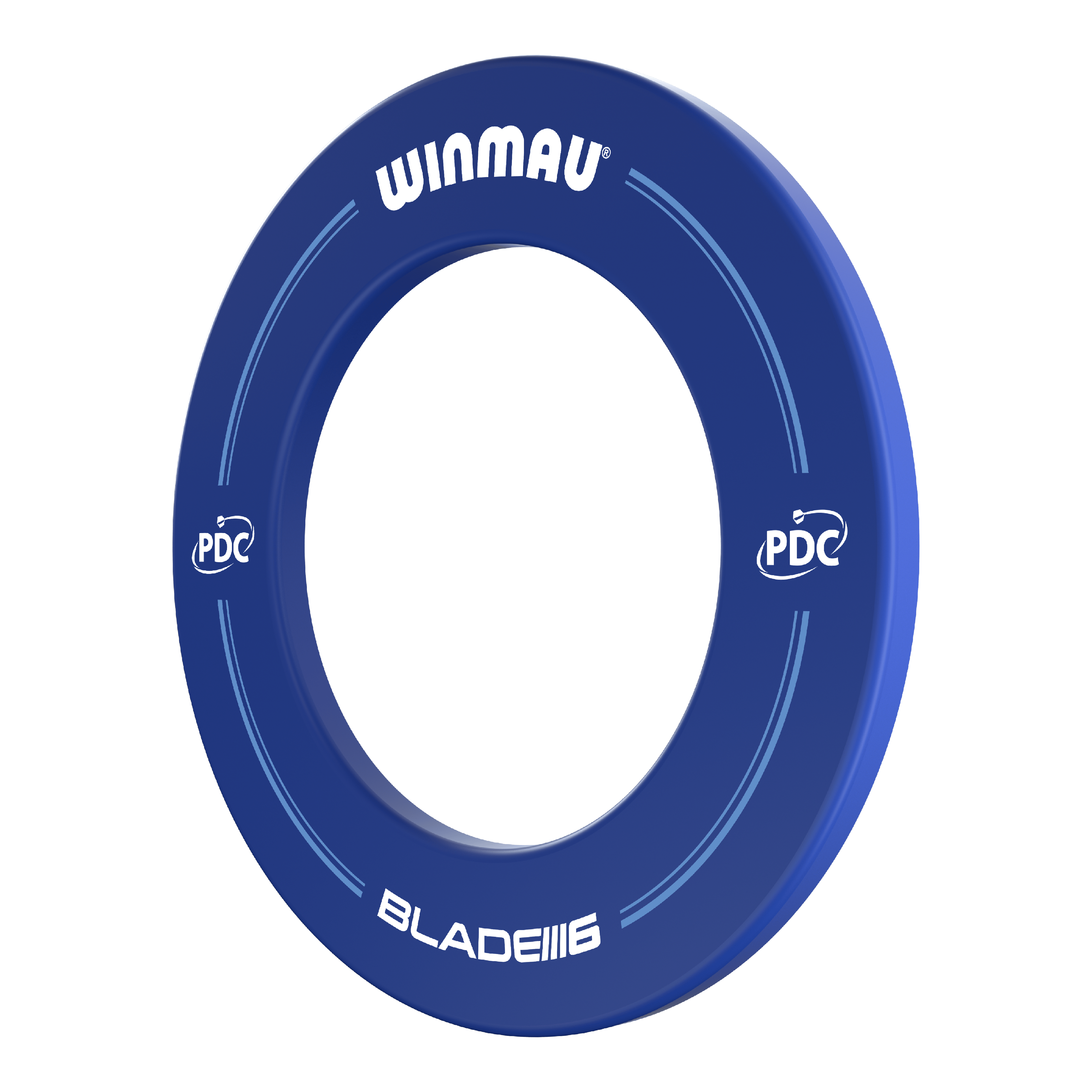 Winmau PDC Dartboard Surround - Blau Das Bild zeigt einen blauen Dartboard-Surround der Marke Winmau mit der Aufschrift "PDC" und "Blade 6". Er schützt die Wand rund um die Dartscheibe vor Treffern.