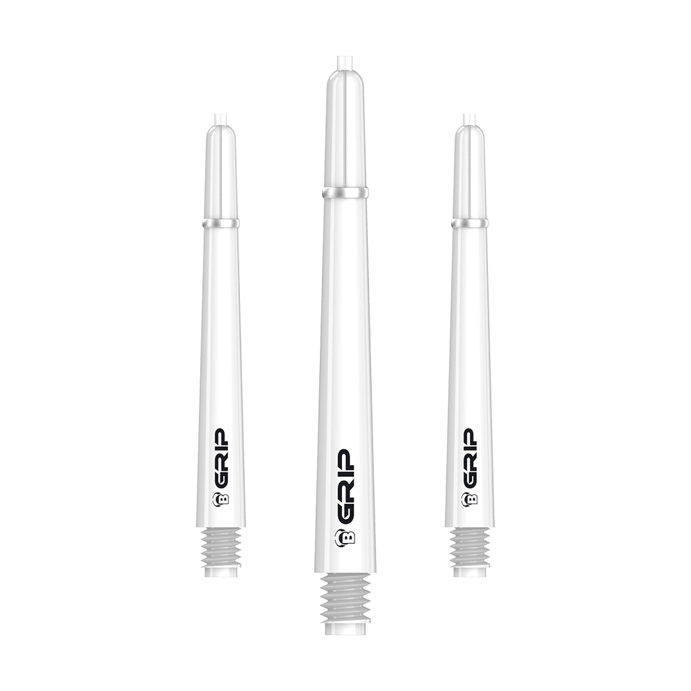 Das Bild zeigt drei weiße Dart-Schäfte des Produkts "Bulls B-Grip-2 SL Shafts". Auf jedem Schaft ist das Logo sowie das Wort "GRIP" aufgedruckt.