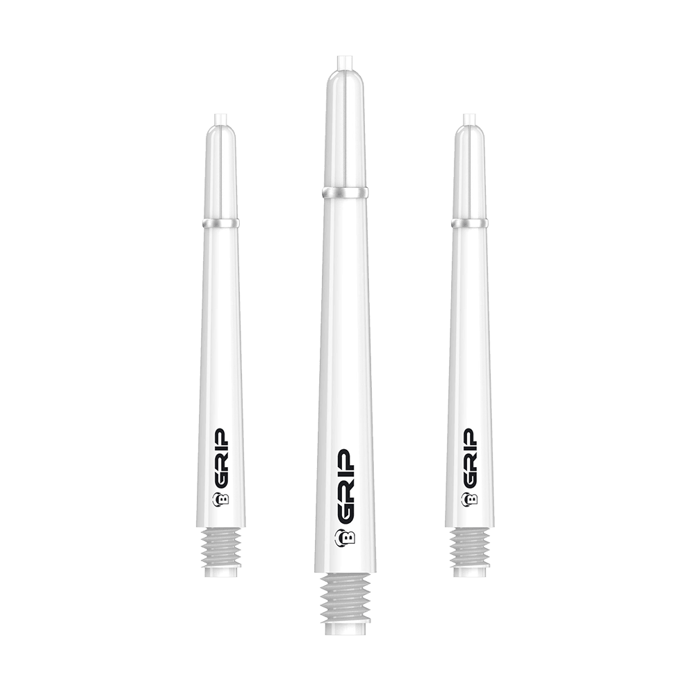 BS55059_Bulls_B-Grip-2_SL_Shafts_Weiss_48mm_1 Das Bild zeigt drei weiße Dart-Schäfte des Produkts "Bulls B-Grip-2 SL Shafts". Auf jedem Schaft ist das Logo sowie das Wort "GRIP" aufgedruckt.