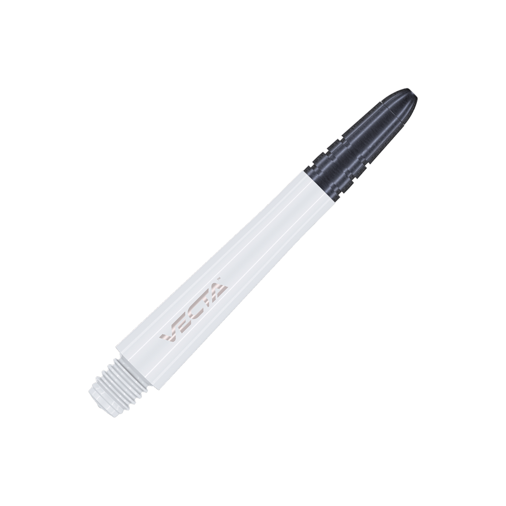 Das Bild zeigt einen weißen Winmau Vecta Shaft für Darts. Der Schaft hat eine schwarze Spitze und den Schriftzug "Vecta" auf der Seite.