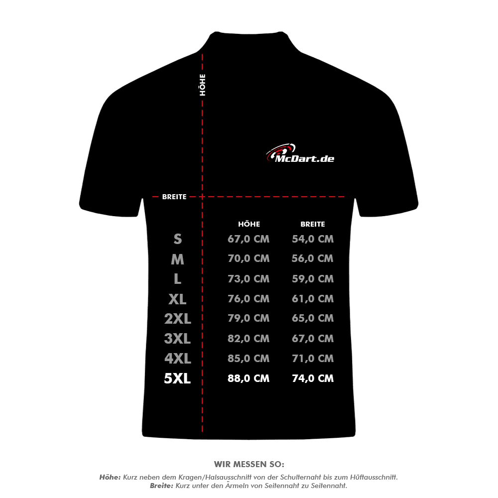 HRS-26036Harrows_Paragon_Dartshirts_5_XXXXXLSDroUspkIvYfp Das Bild zeigt eine Größentabelle für das Produkt "Harrows Paragon Dartshirt - Blau". Die Tabelle listet die Maße für verschiedene Größen von S bis 5XL in Höhe und Breite auf.