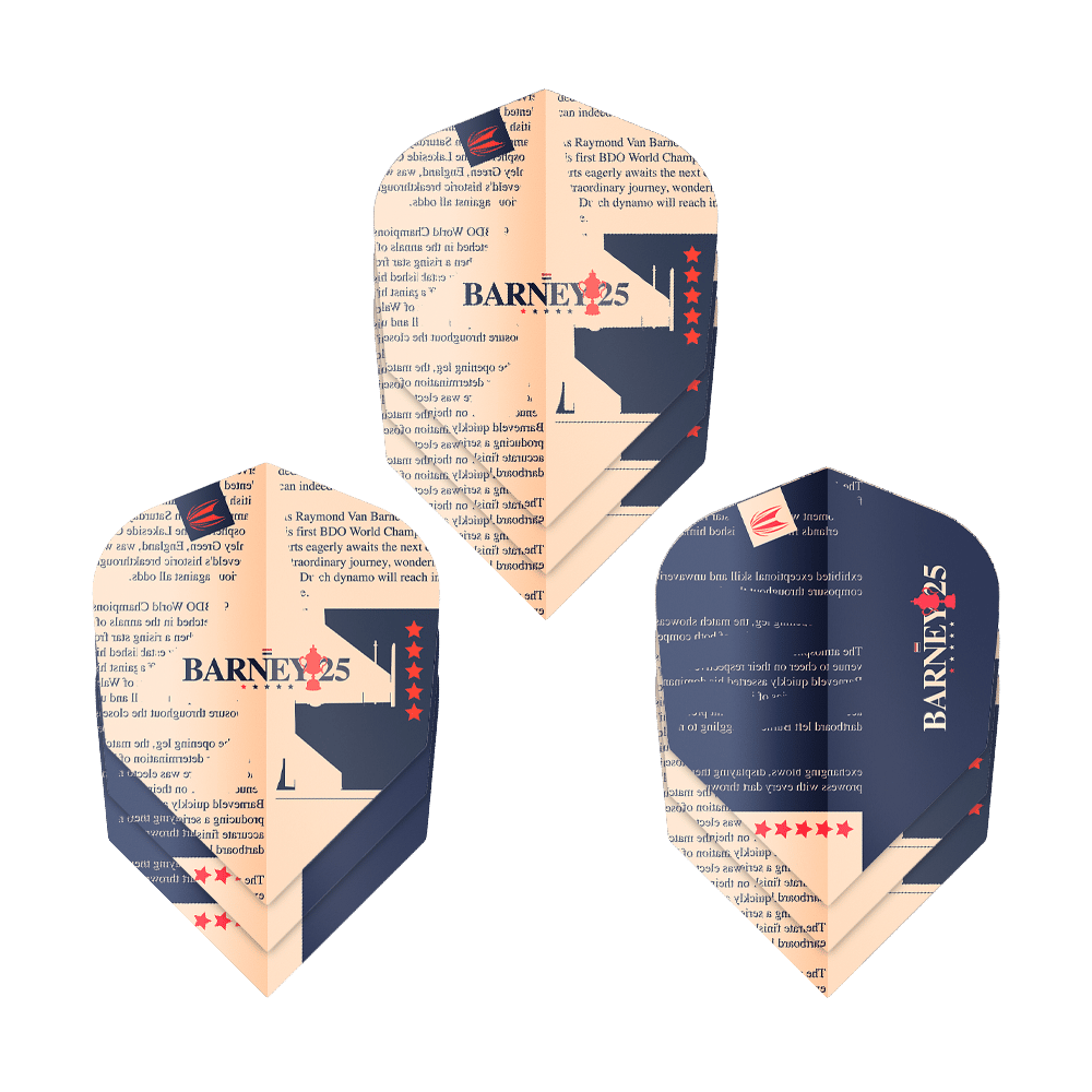 Das Bild zeigt drei Dart-Flights des Produkts "Target ProUltra Raymond Van Barneveld Barney25 No6". Die Flights sind in Dunkelblau und Beige gestaltet und mit Text, Sternen sowie der Aufschrift "BARNEY25" verziert.