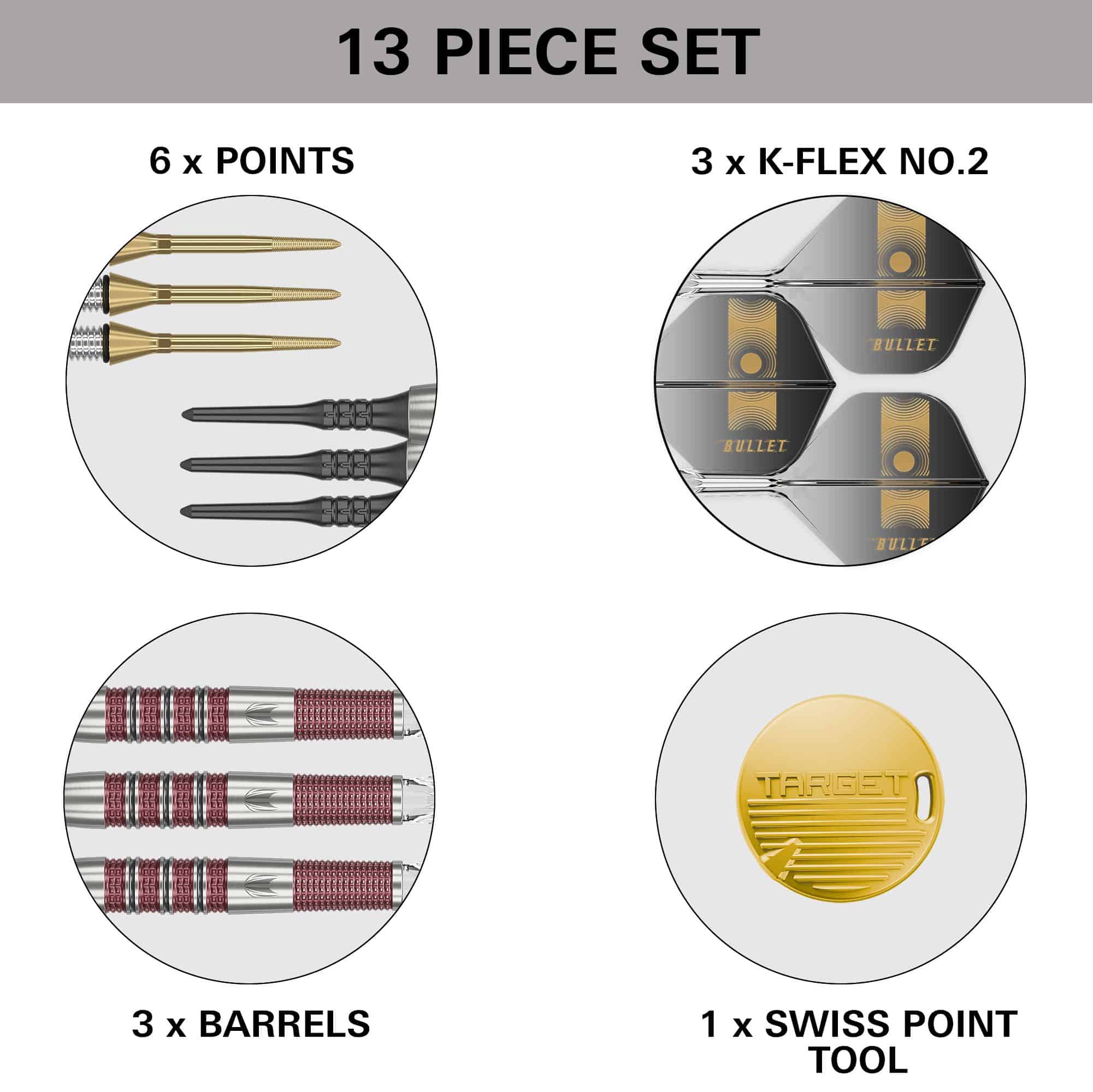 Target Stephen Bunting 95K Softdarts - 19g Das Bild zeigt ein 13-teiliges Set des Produkts "Target Stephen Bunting 95K Softdarts - 19g". Enthalten sind 6 Spitzen, 3 K-Flex No.2 Flights, 3 Barrels und 1 Swiss Point Tool.