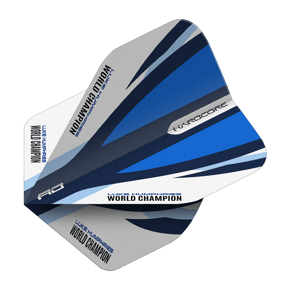 Das Bild zeigt die Red Dragon Hardcore Luke Humphries Blue White Standard Flights. Die Dartflights haben ein blau-weißes Design und den Aufdruck "Luke Humphries World Champion".