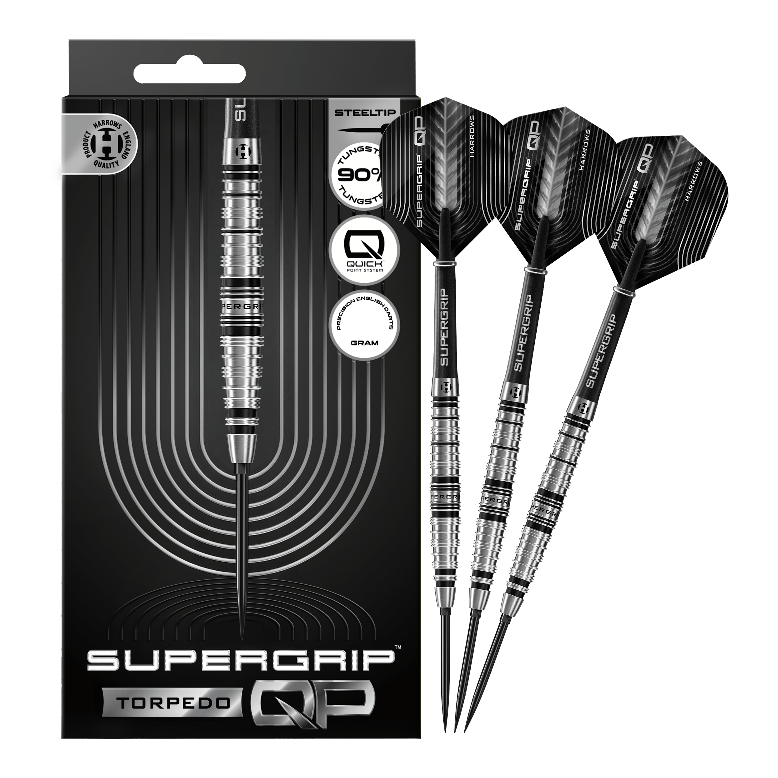 Harrows Supergrip Torpedo Quick Point Steeldarts Abgebildet sind Harrows Supergrip Torpedo Quick Point Steeldarts. Die Steeldarts sind vollständig dargestellt.