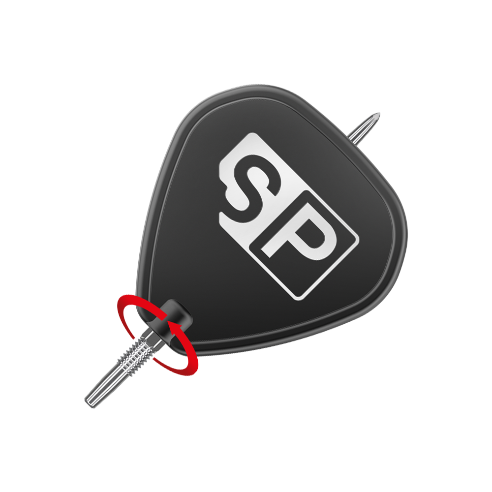Target Swiss Point GRD Silver Dartspitzen Das Bild zeigt eine silberne Dartspitze der Marke "Target Swiss Point GRD". Die Spitze ist an einem schwarzen Flightschutz mit den Buchstaben "SP" befestigt.