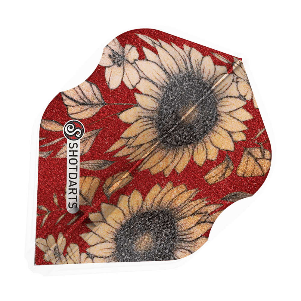 Das Bild zeigt ein Dart-Flight mit Sonnenblumenmuster auf rotem Hintergrund. Auf dem Flight steht der Schriftzug "Shot Darts".