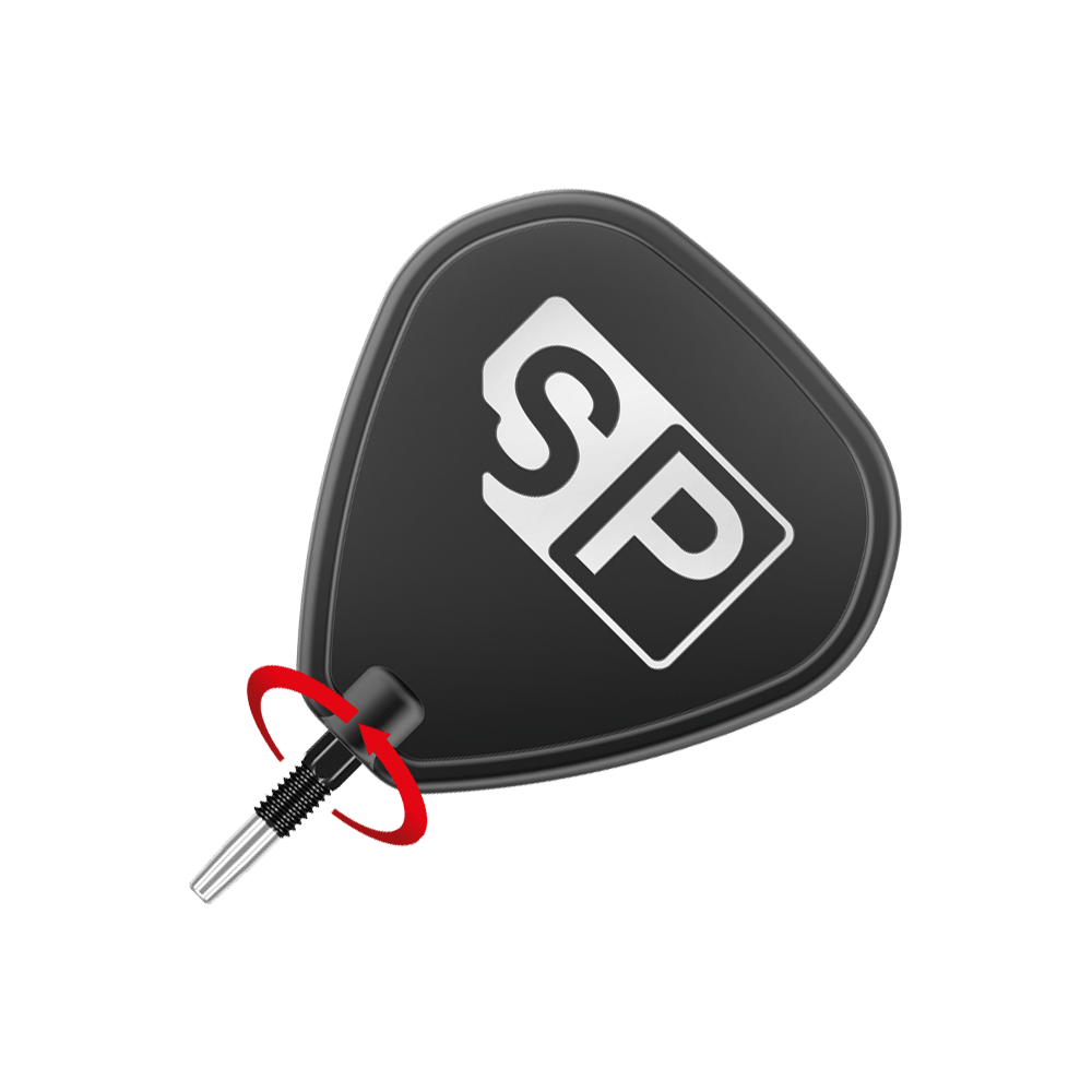 Das Bild zeigt eine schwarze Dartspitze mit einem weißen "SP"-Logo darauf. Ein roter Pfeil deutet auf eine Drehbewegung am unteren Teil der Spitze hin.