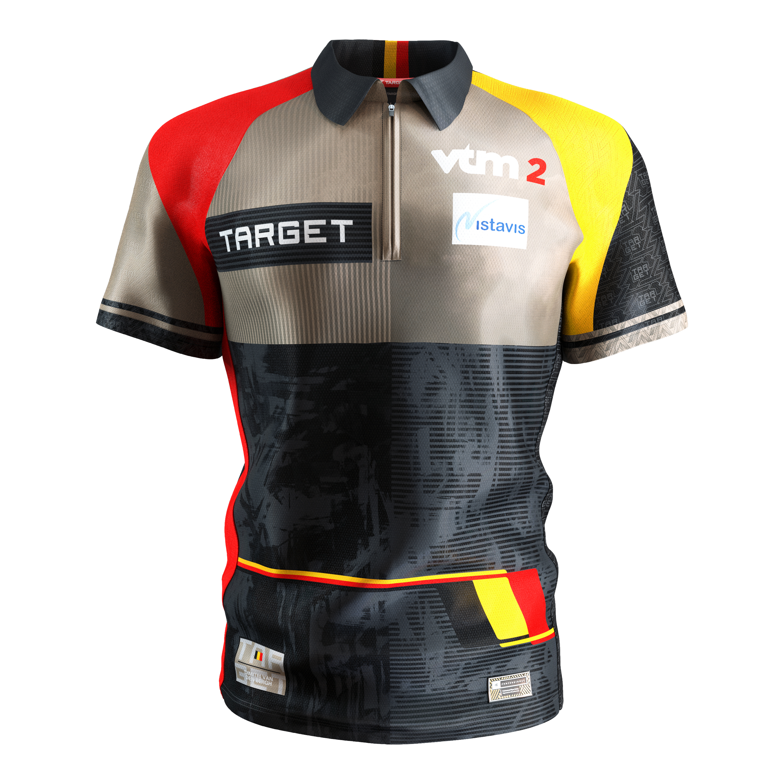 Target Coolplay Dimitri Van Den Bergh 2025 Dartshirt Das Bild zeigt das "Target Coolplay Dimitri Van Den Bergh 2025 Dartshirt". Das Shirt ist bunt gestaltet mit den Farben Schwarz, Rot, Gelb und Beige und trägt mehrere Sponsorenlogos.