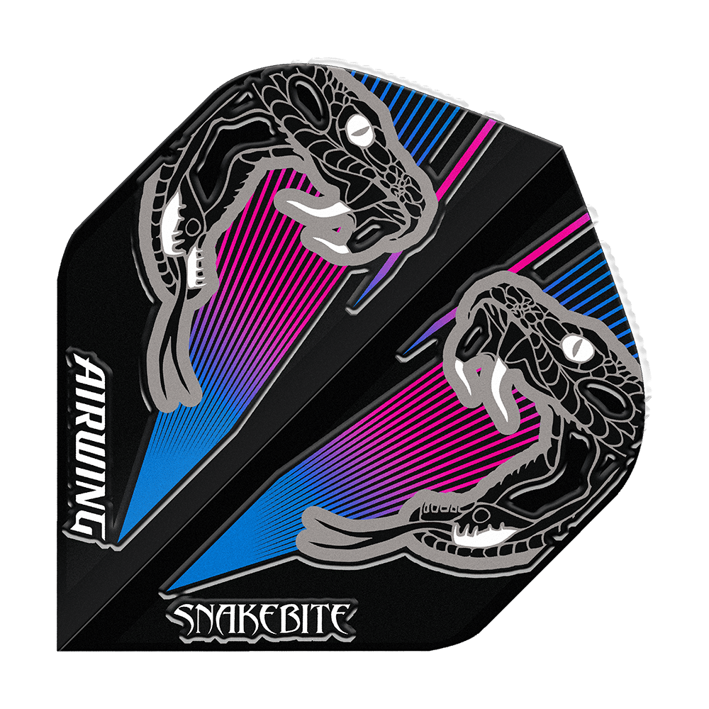 Das Bild zeigt die "Red Dragon Airwing Peter Wright Blue Standard Flights" mit auffälligem Schlangen-Design. Die Farben sind hauptsächlich Schwarz, Blau und Pink, und auf dem Flight steht "SNakebite" und "AIRWING".