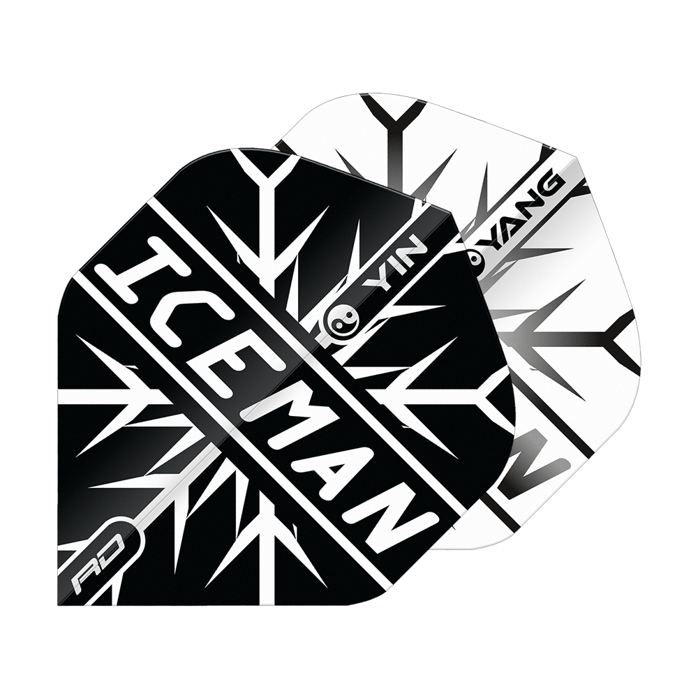 Das Bild zeigt zwei Dart-Flights in Schwarz und Weiß mit einem Yin-Yang-Design. Auf dem vorderen Flight steht in großen Buchstaben „ICEMAN“.