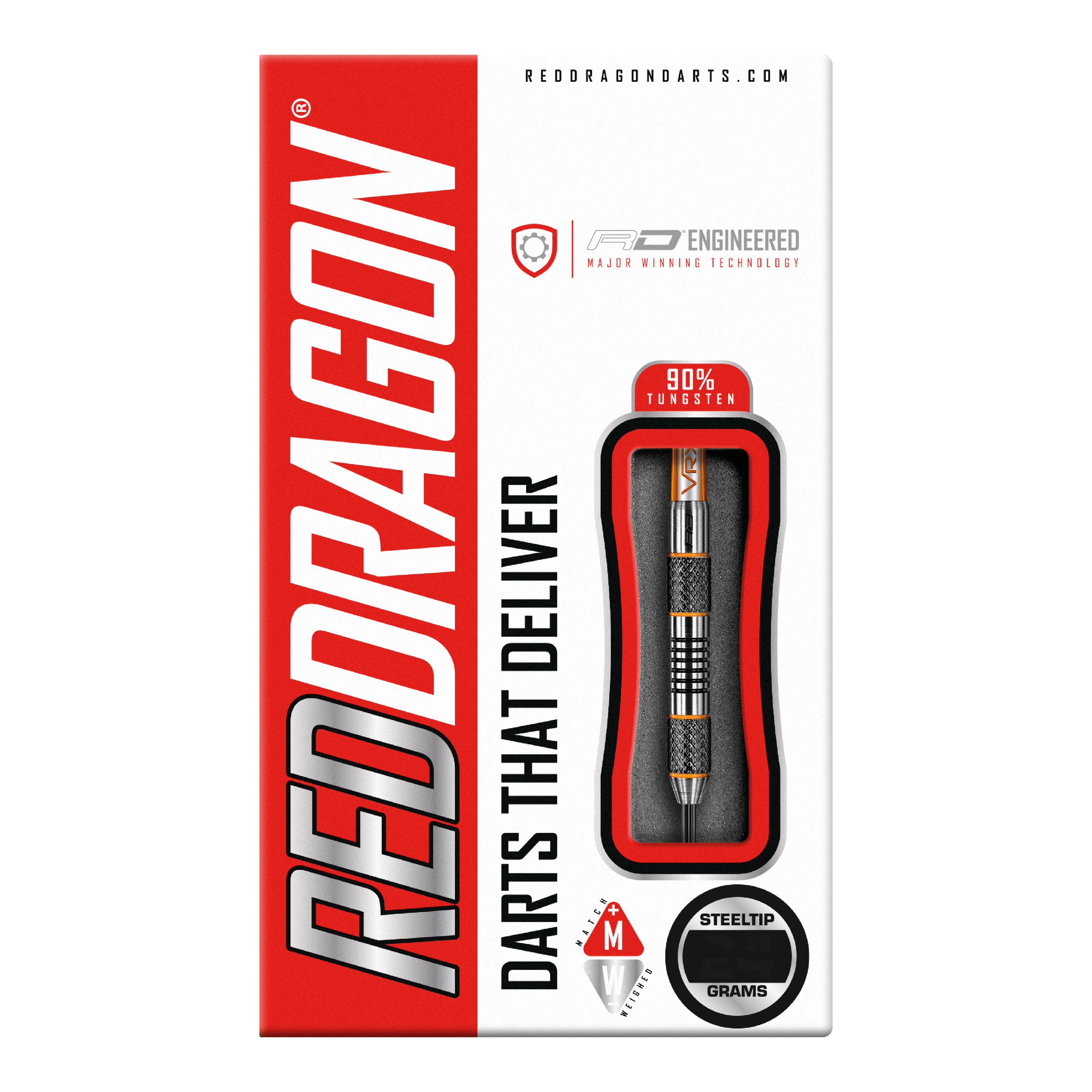 Red Dragon Amberjack 5 Steeldarts - 24g Die Abbildung zeigt die Verpackung der "Red Dragon Amberjack 5 Steeldarts - 24g". Auf der Packung sind ein sichtbarer Dartpfeil und die Aufschrift "Darts That Deliver" zu sehen.