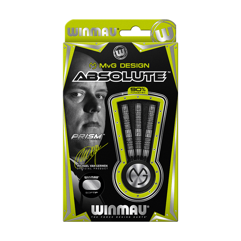 Auf dem Bild ist die Verpackung der "Winmau Michael Van Gerwen MvG Absolute Softdarts" zu sehen. Die Packung ist schwarz-grün gestaltet und zeigt drei Softdarts sowie ein Porträt von Michael Van Gerwen.