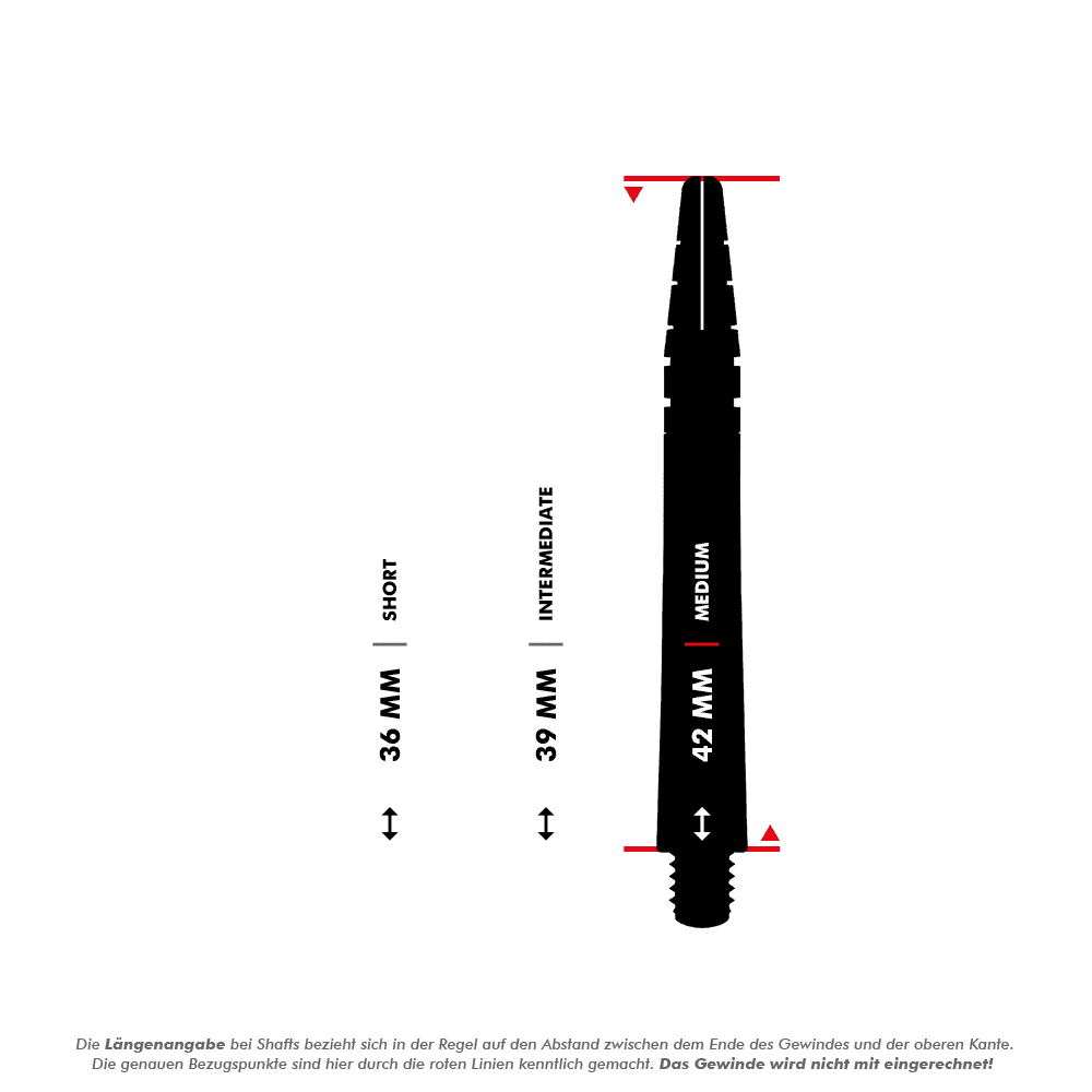 Das Bild zeigt drei verschiedene Längen von Dartshafts mit der Bezeichnung "Short", "Intermediate" und "Medium". Die mittlere Shaftlänge beträgt 42 mm, wobei das Gewinde bei der Messung nicht einberechnet wird.