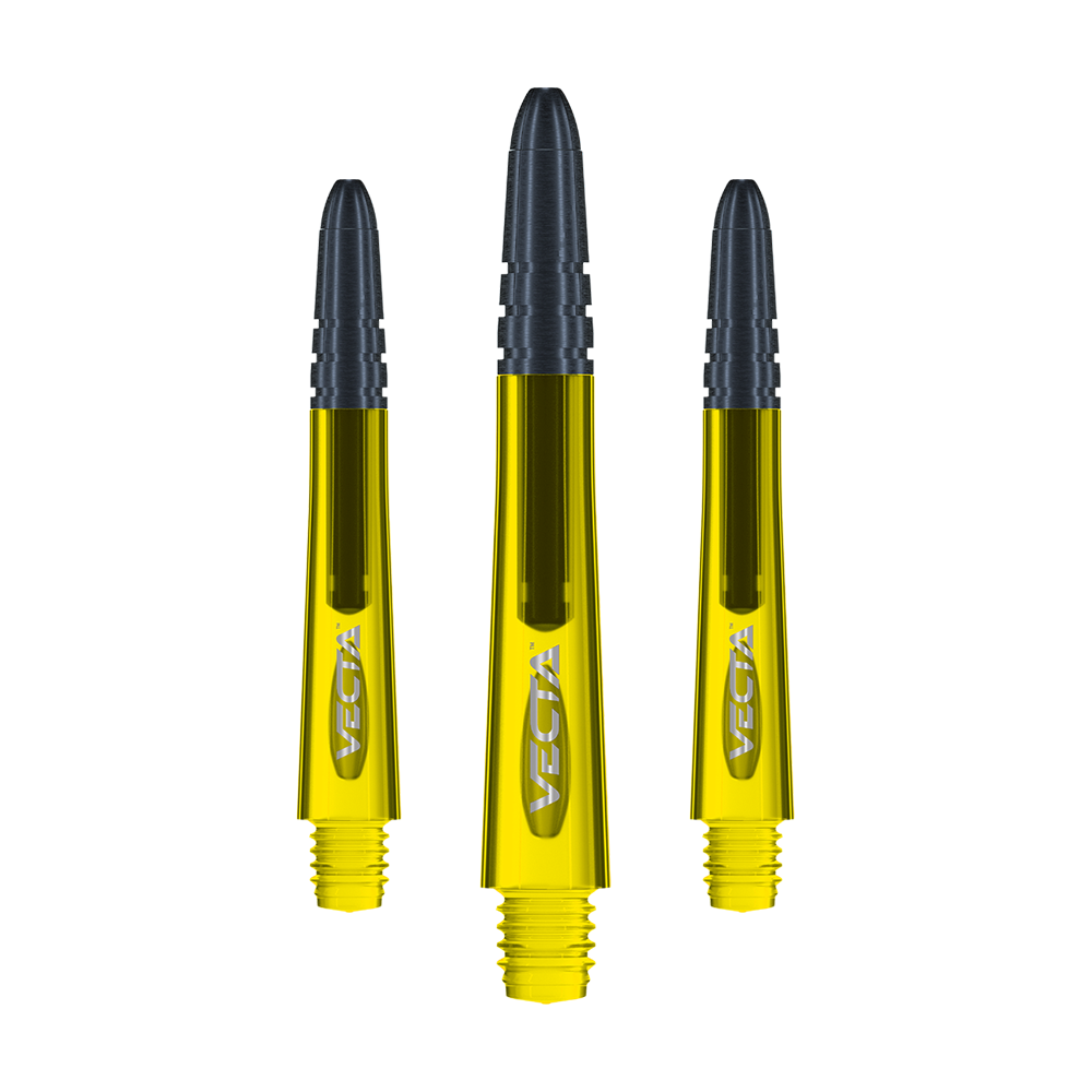 Das Bild zeigt drei gelbe Winmau Vecta Shafts für Dartpfeile. Die Shafts haben schwarze Spitzen und das Wort "Vecta" ist auf ihnen zu sehen.