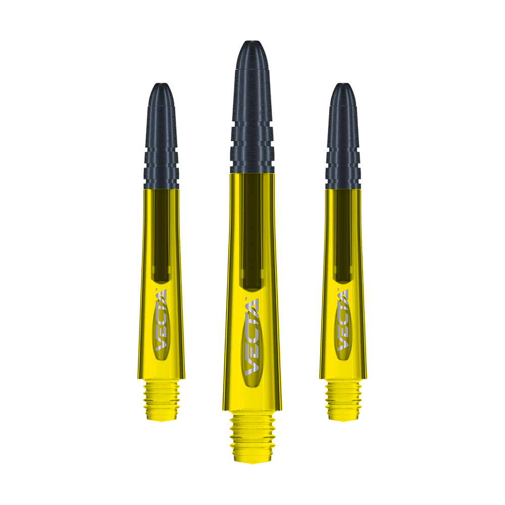 7025-406_Winmau_Vecta_Shafts_Gelb_37mm_1 Das Bild zeigt drei gelbe Winmau Vecta Shafts für Dartpfeile. Die Shafts haben schwarze Spitzen und das Wort "Vecta" ist auf ihnen zu sehen.