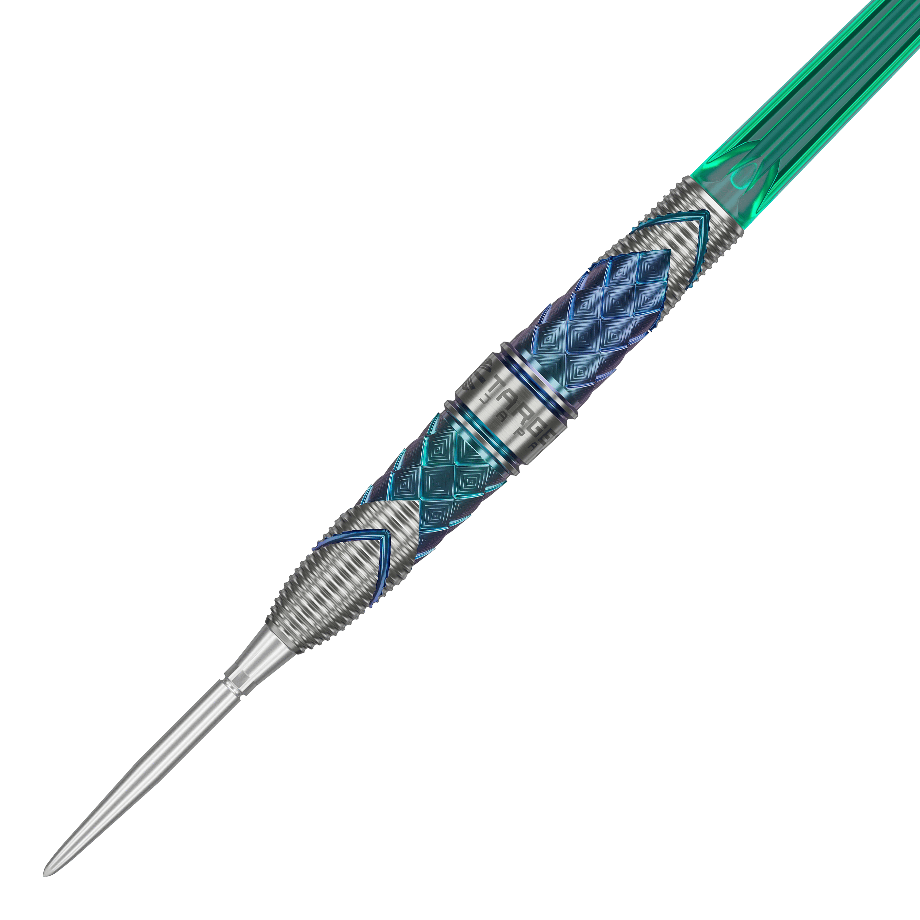 Dies ist der Target Japan Kaze Series Ceros 01 Steeldart mit einem Gewicht von 23 Gramm. Der Dart hat ein auffälliges, detailliertes Design mit blauen und silbernen Mustern.