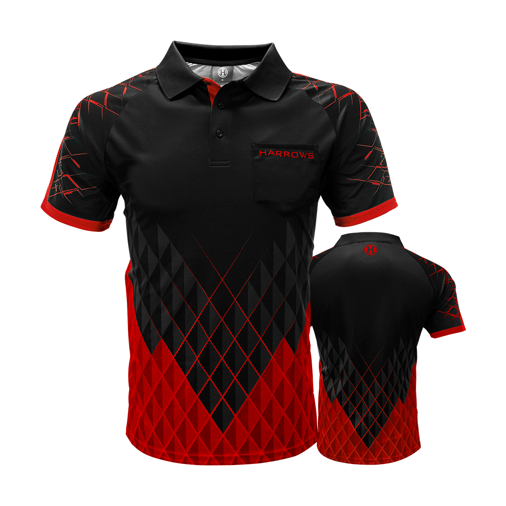 HRS-26036_Harrows_Paragon_Dartshirt_Rot_0 Das Bild zeigt das Harrows Paragon Dartshirt in Rot mit einem auffälligen, geometrischen Muster in Schwarz und Rot. Auf der Vorderseite befindet sich eine Brusttasche mit dem Harrows-Logo.