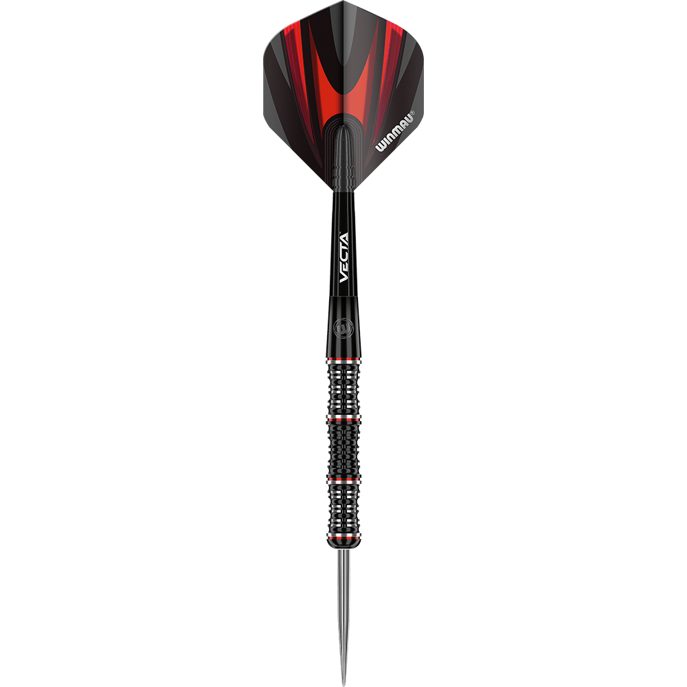 Das Bild zeigt einen Winmau Mervyn King Special Edition Steeldart. Der Dartpfeil hat ein schwarzes Design mit roten Akzenten am Flight und am Griff.