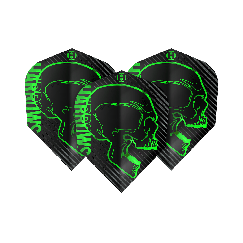 Harrows Rage Green No6 Flights Das Bild zeigt drei schwarze Dart-Flights mit einem grünen Totenkopf-Design und dem Schriftzug "Harrows". Die Flights sind das Modell "Harrows Rage Green No6".
