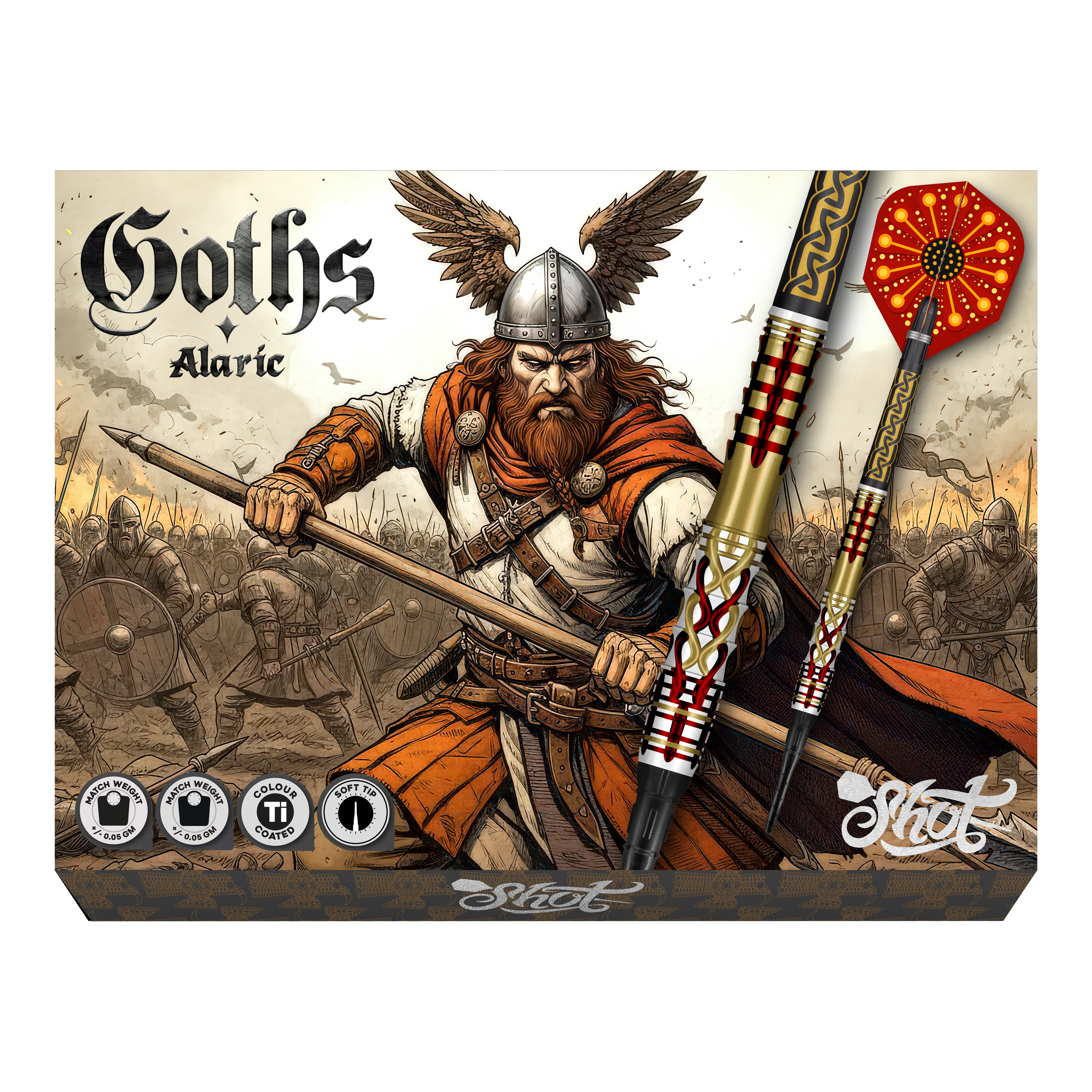 Shot Goths Alaric Softdarts - 20g Abgebildet sind Shot Goths Alaric Softdarts mit einem Gewicht von 20g. Die Darts eignen sich perfekt für das Softdart-Spiel.
