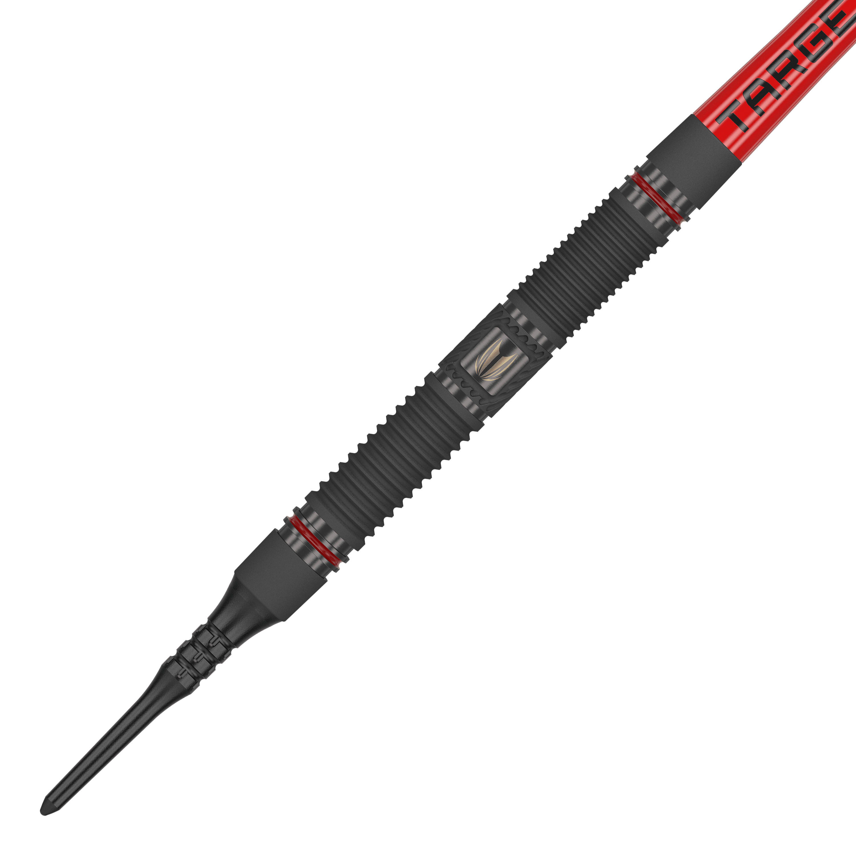 Das Bild zeigt einen Target Scope 10 Softdart mit einem schwarzen, geriffelten Griff und roten Akzenten. Der Dart hat eine rote Fliege mit der Aufschrift "TARGET".