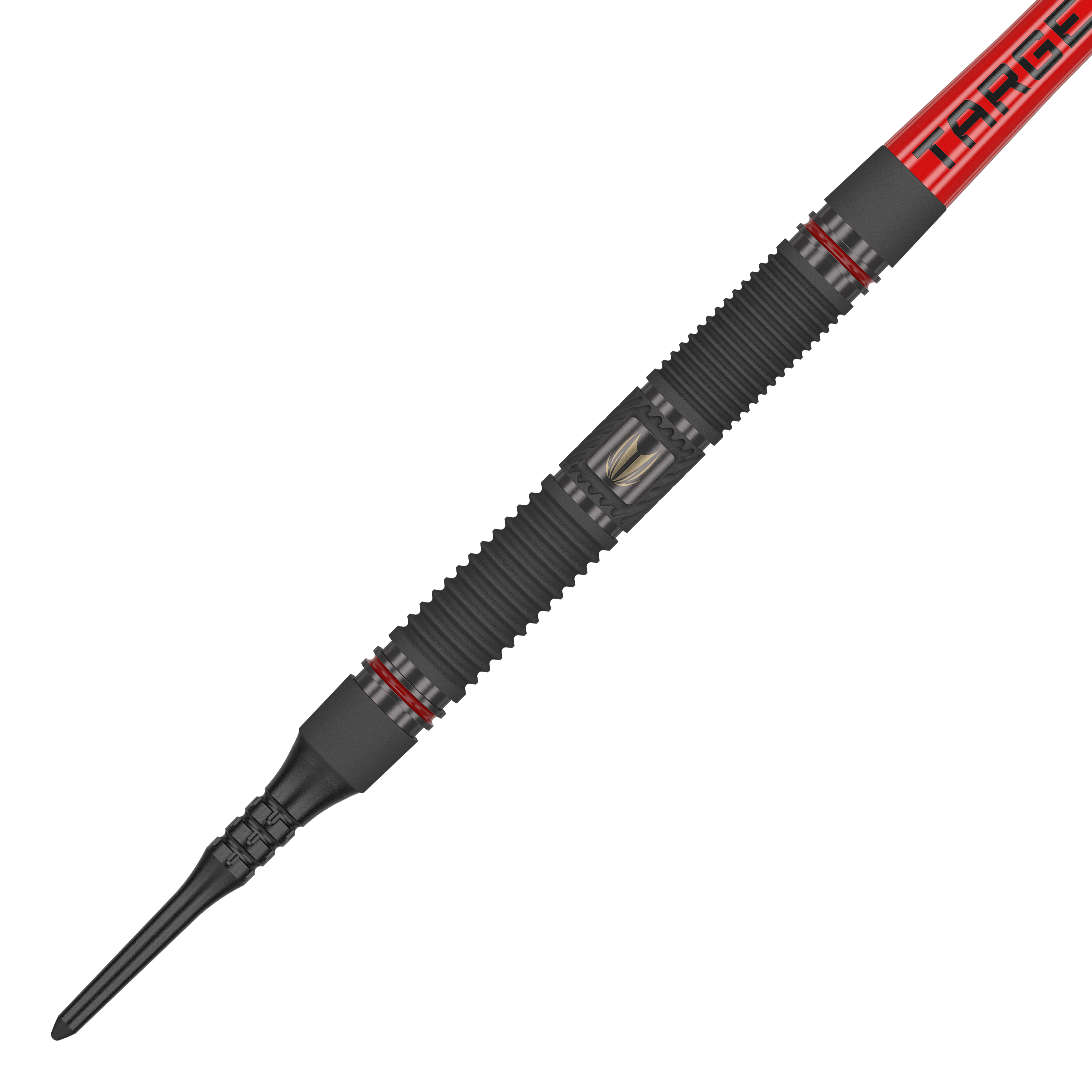Target Scope 10 Softdarts Das Bild zeigt einen Target Scope 10 Softdart mit einem schwarzen, geriffelten Griff und roten Akzenten. Der Dart hat eine rote Fliege mit der Aufschrift "TARGET".