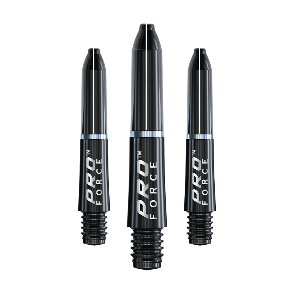 Das Bild zeigt drei schwarze Winmau Pro-Force Shafts für Dartpfeile. Auf den Schäften steht in weißer Schrift "PRO FORCE".