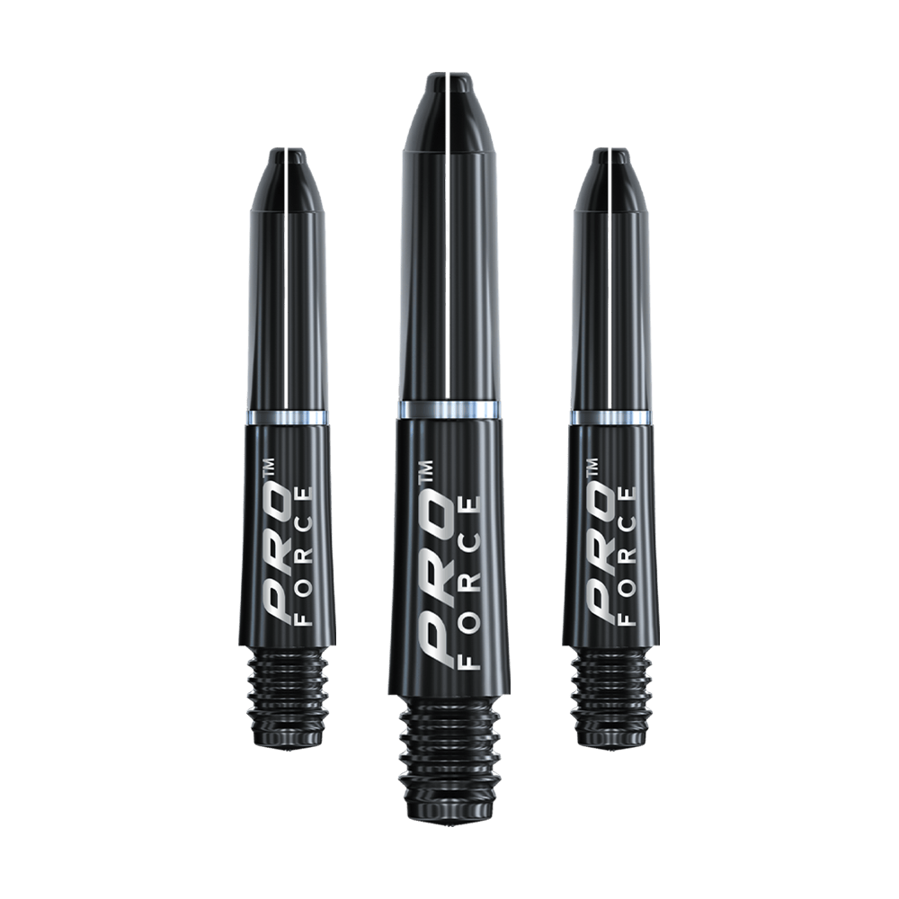 7011_001_Winmau_Pro-Force_Shafts_Schwarz_27mm_1wBOkm9TB1LJMD Das Bild zeigt drei schwarze Winmau Pro-Force Shafts für Dartpfeile. Auf den Schäften steht in weißer Schrift "PRO FORCE".