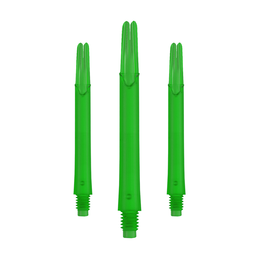 Auf dem Bild sind drei grüne, gerade Dartschäfte zu sehen. Sie sind jeweils unten mit einem Gewinde versehen und stehen nebeneinander.