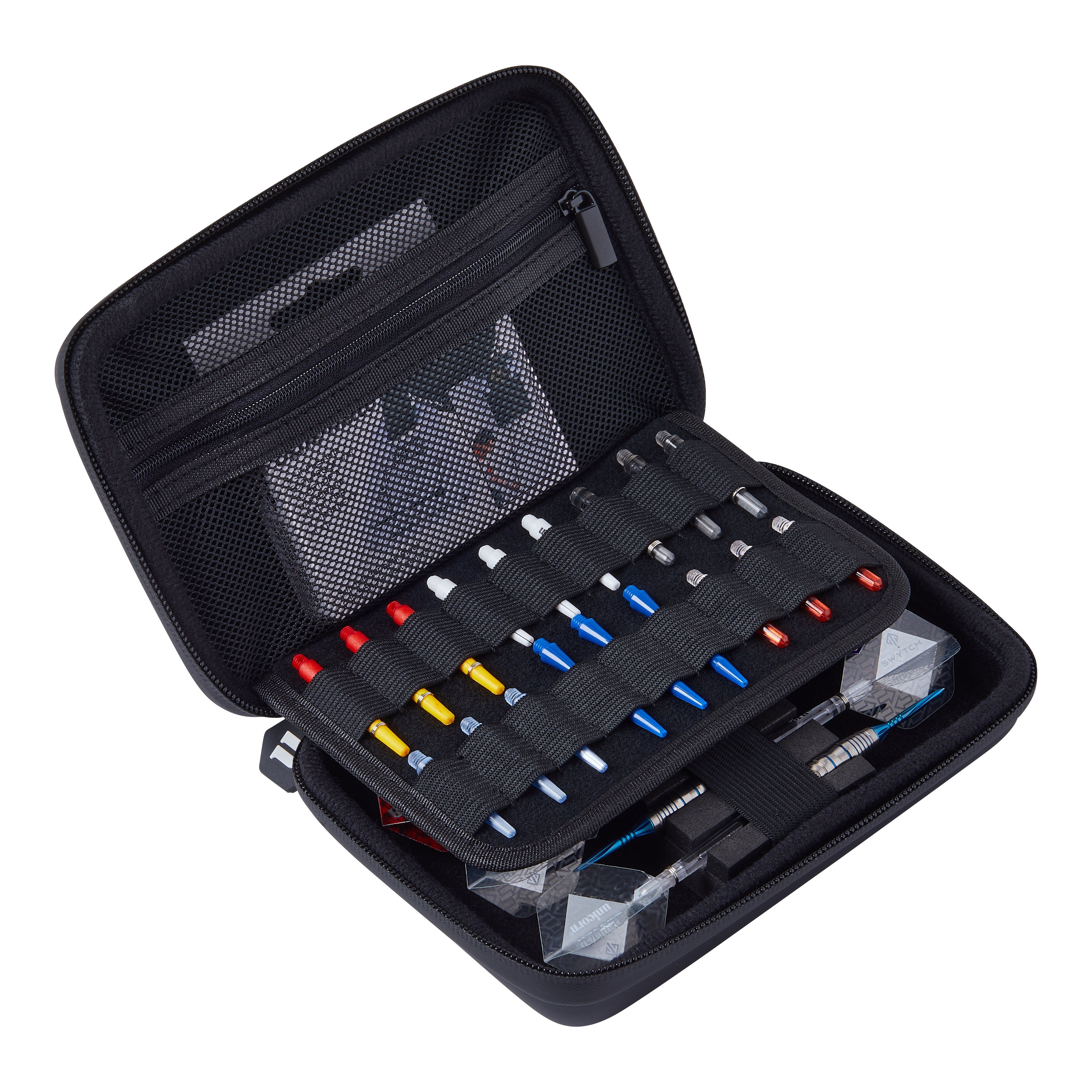 Das Bild zeigt das Produkt "Unicorn Ultra 3UP Medium Dartcase - Schwarz". Das Dartcase ist geöffnet und ordentlich mit verschiedenen Dartzubehörteilen und Darts bestückt.