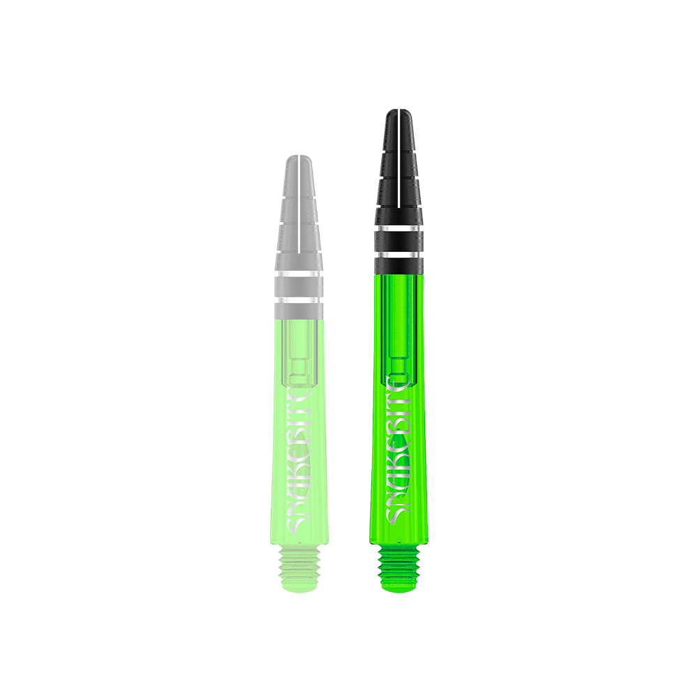 Auf dem Bild sind zwei grüne Dartschäfte der Marke "Red Dragon Nitrotech Peter Wright" zu sehen. Die Schäfte haben schwarze Spitzen und den weißen Schriftzug "Snakebite".
