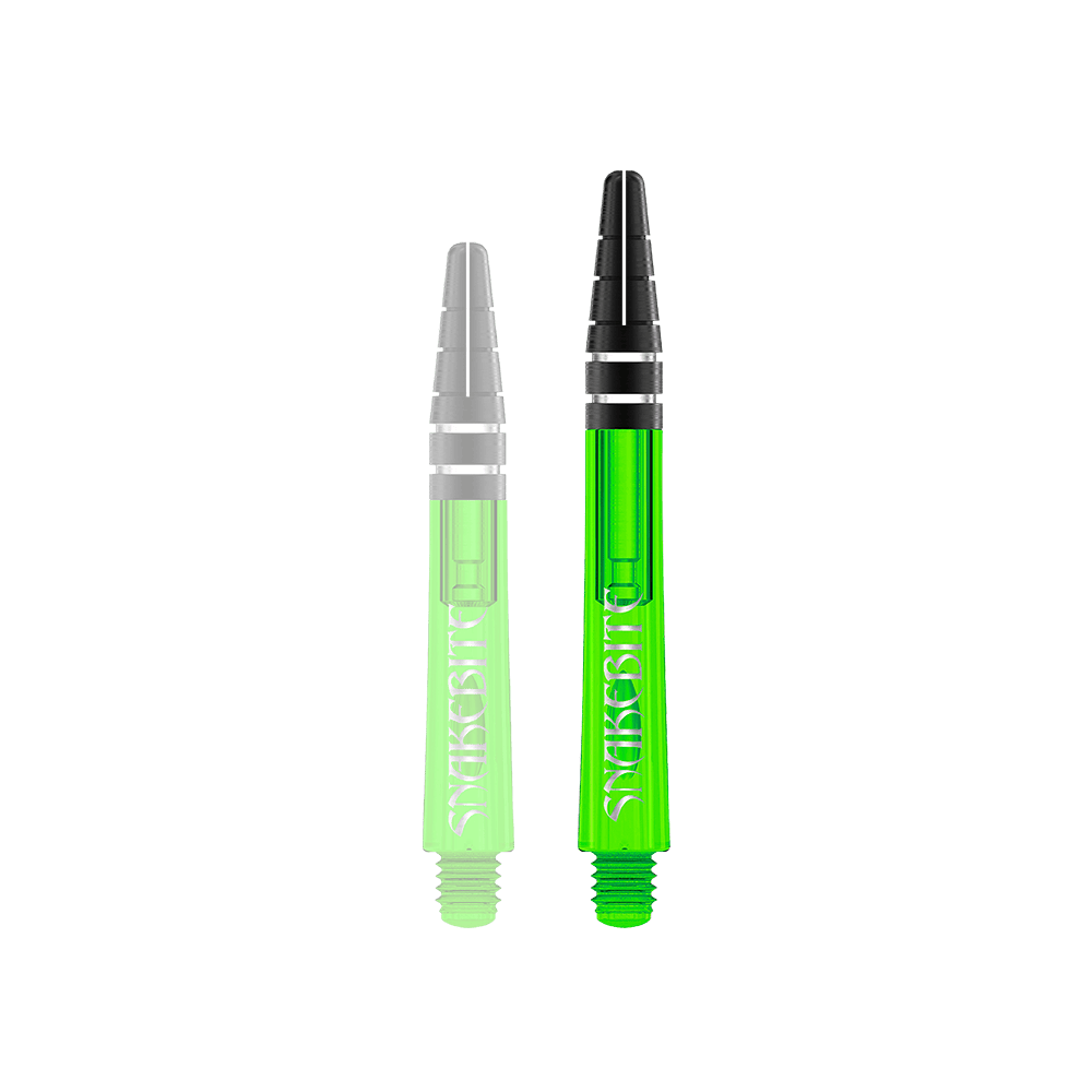 C645_Red_Dragon_Nitrotech_Peter_Wright_Green_Shafts_42mm_1 Auf dem Bild sind zwei grüne Dartschäfte der Marke "Red Dragon Nitrotech Peter Wright" zu sehen. Die Schäfte haben schwarze Spitzen und den weißen Schriftzug "Snakebite".