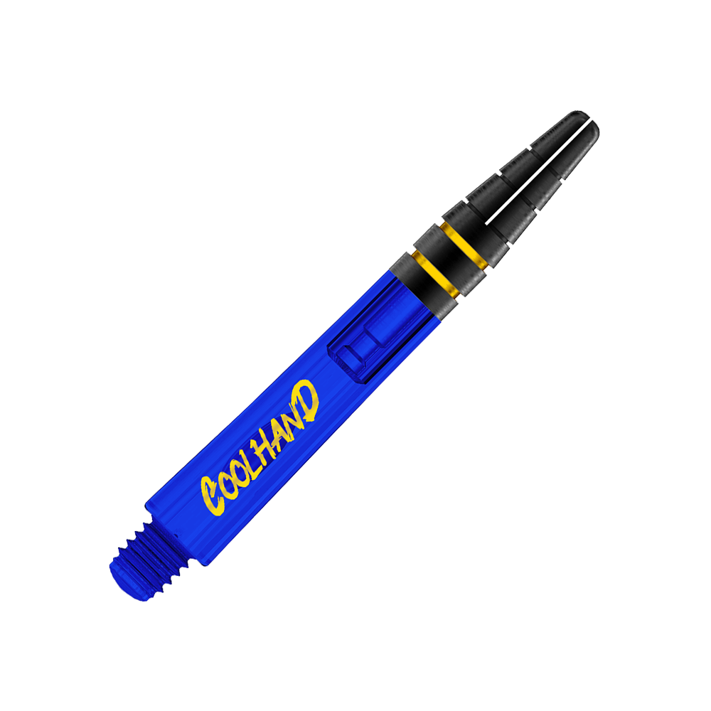 Red Dragon Nitrotech Luke Humphries Coolhand Shafts - Blau Das Bild zeigt einen blauen Dart-Schaft mit der Aufschrift "COOLHAND" in gelber Schrift. Der Schaft hat am oberen Ende schwarze und gelbe Akzente.
