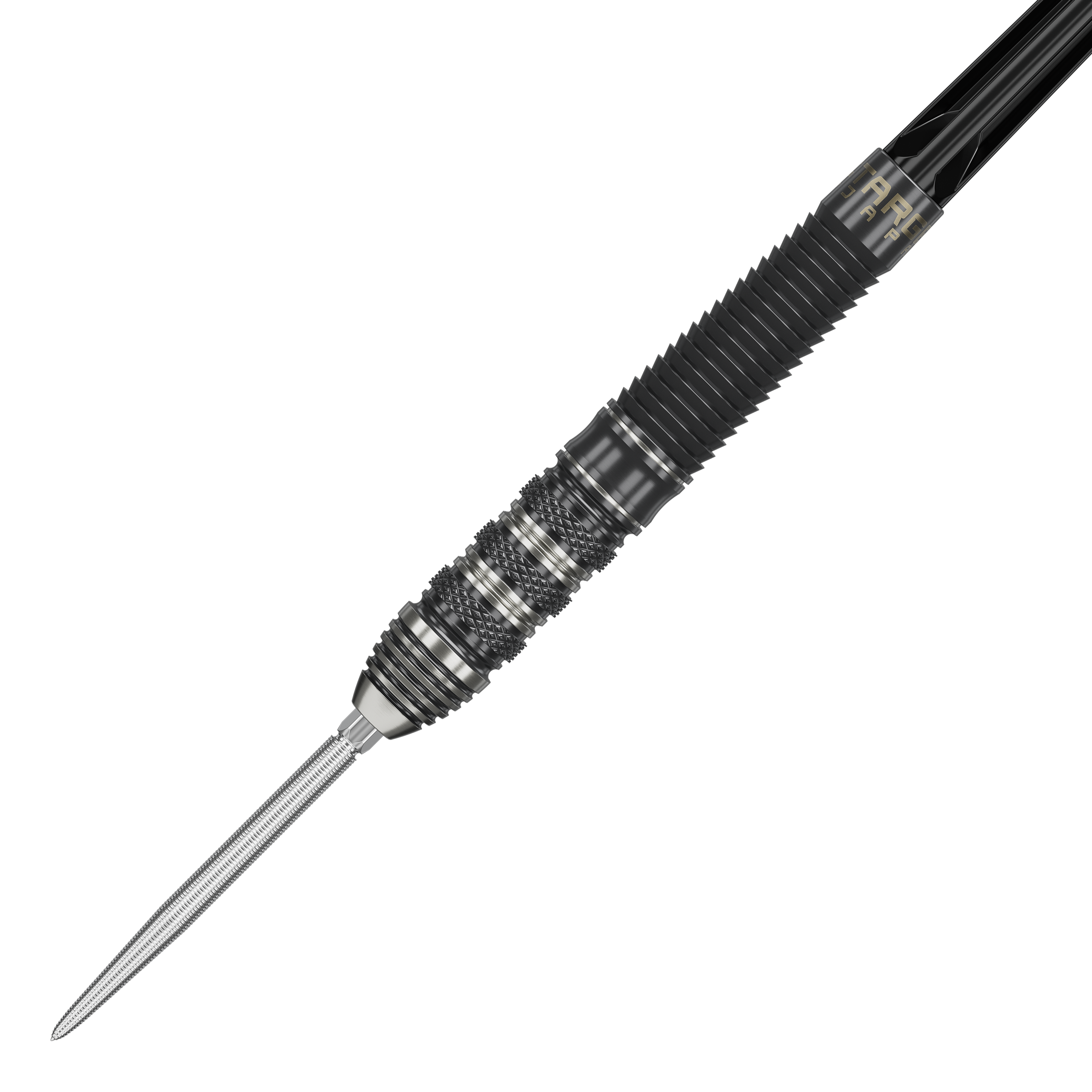 Das Bild zeigt einen Target Japan Black Marque Armageddon GEN2 Swiss Point Steeldart. Der Dartpfeil hat ein schwarzes, geriffeltes Griffstück und eine silberne Spitze.