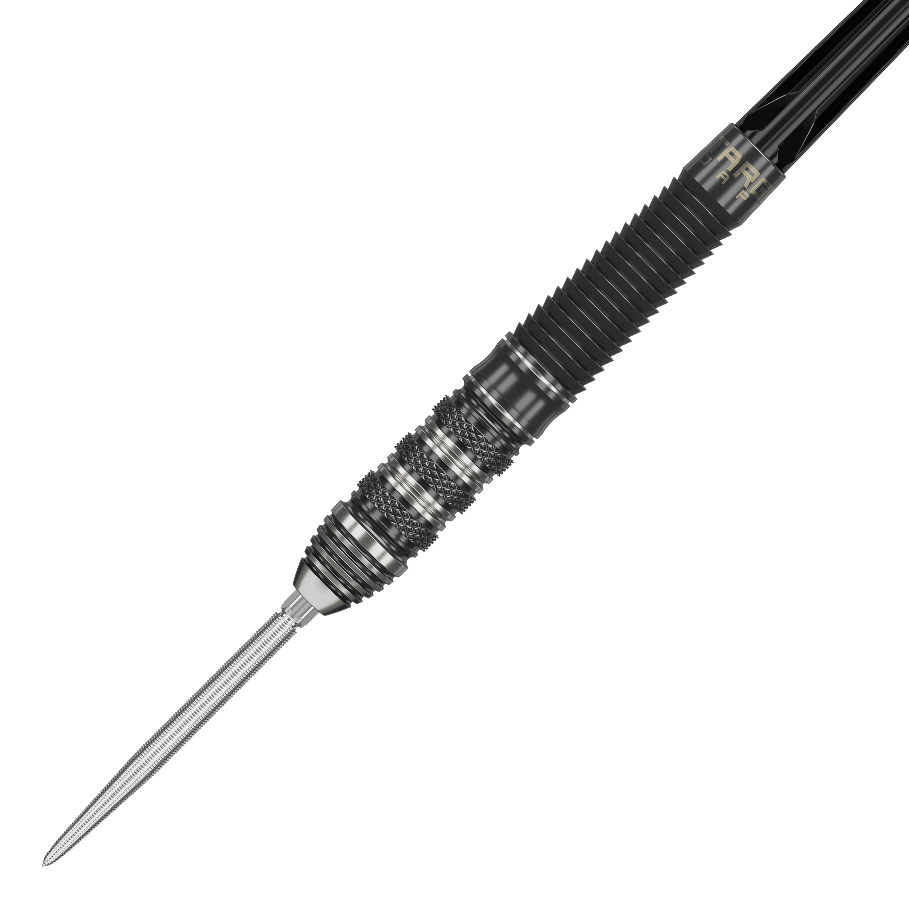 Target Japan Black Marque Armageddon GEN2 Swiss Point Steeldarts Das Bild zeigt einen Target Japan Black Marque Armageddon GEN2 Swiss Point Steeldart. Der Dartpfeil hat ein schwarzes, geriffeltes Griffstück und eine silberne Spitze.