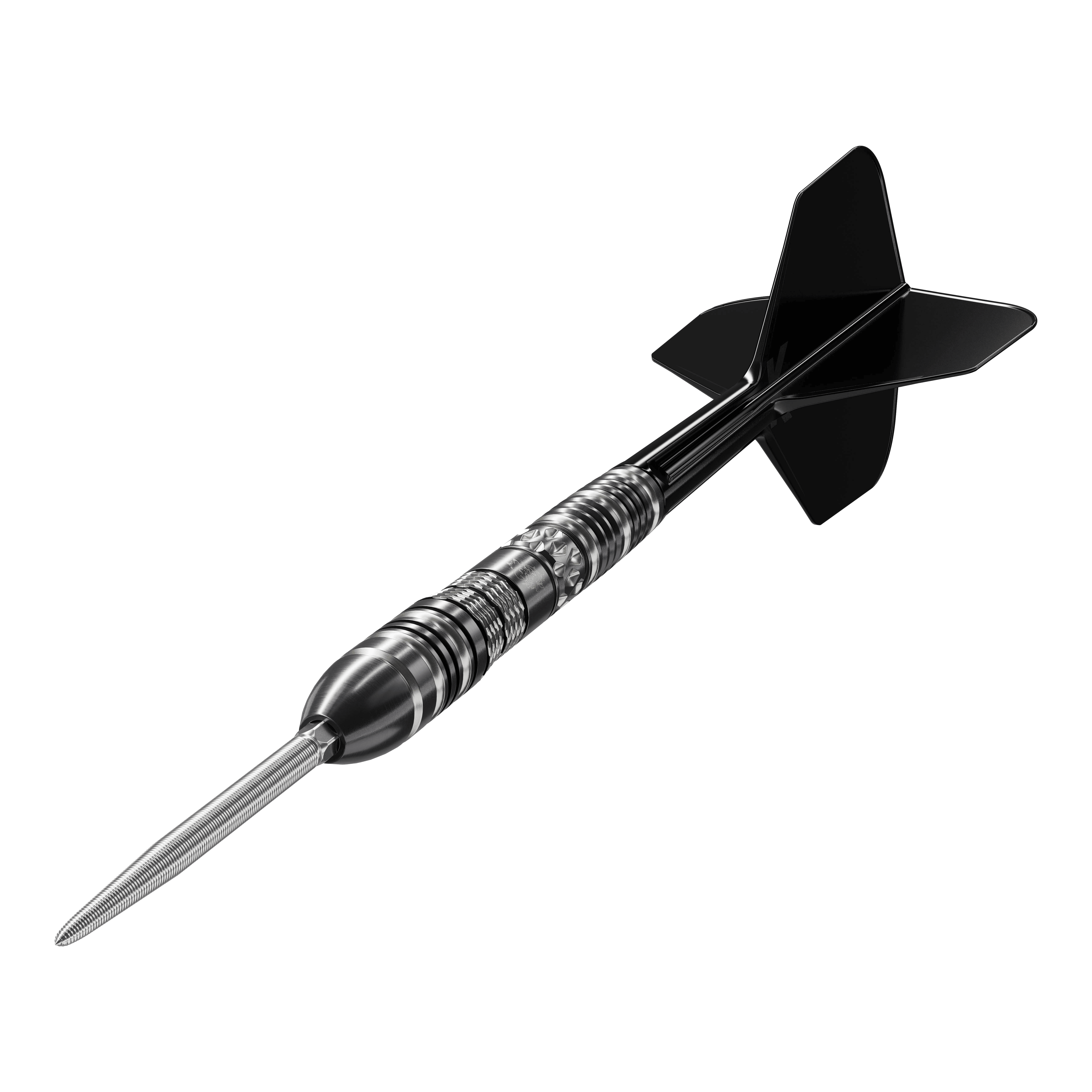 Target Black Marque Dragon 3 Swiss Point Steeldarts Das Bild zeigt einen Target Black Marque Dragon 3 Swiss Point Steeldart. Der Dart ist schwarz-silber und hat eine scharfe Stahlspitze sowie schwarze Flügel.