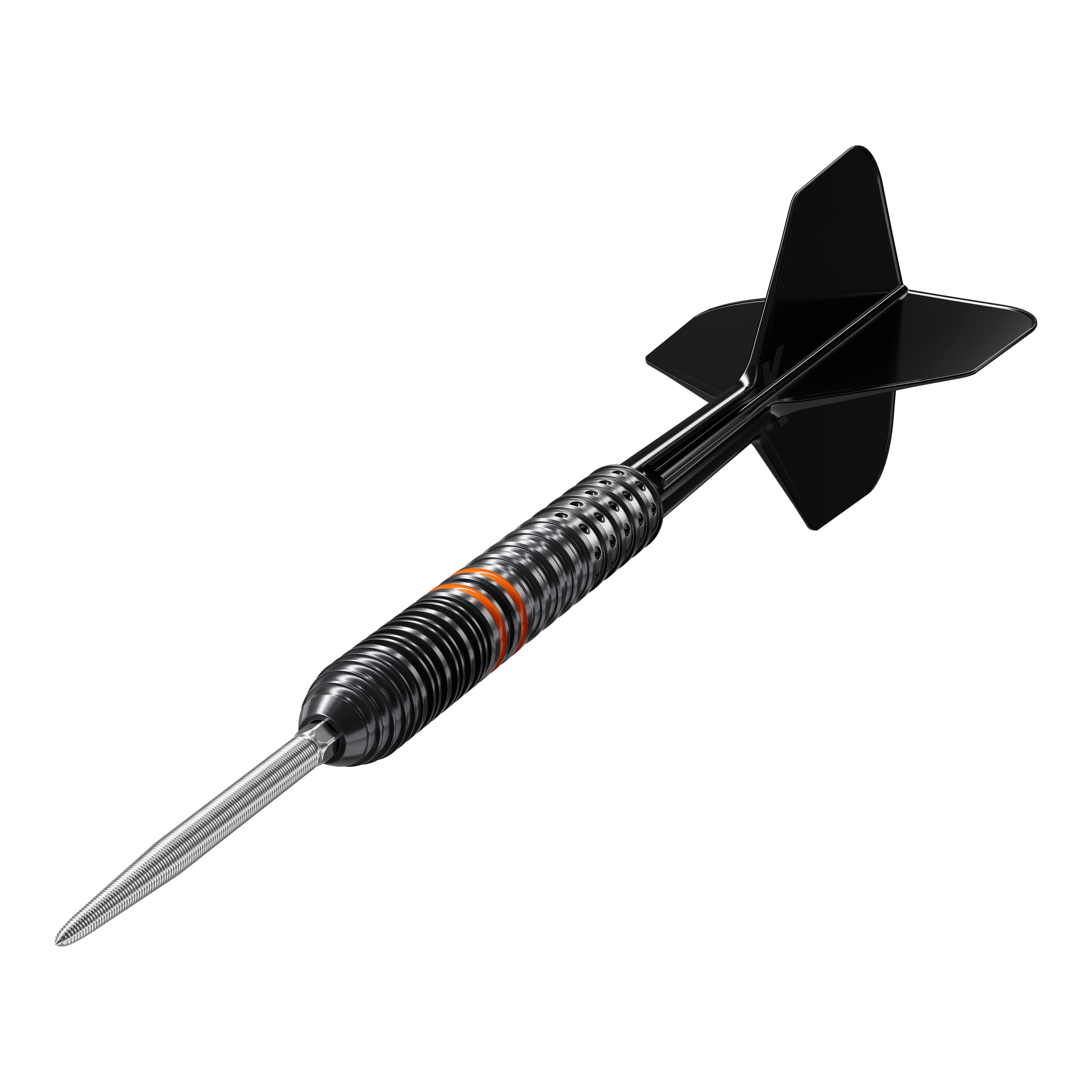 Das Bild zeigt einen Target Japan Black Marque Morpheus GEN2 Steeldart. Der Dartpfeil ist schwarz mit silbernen und orangefarbenen Akzenten.