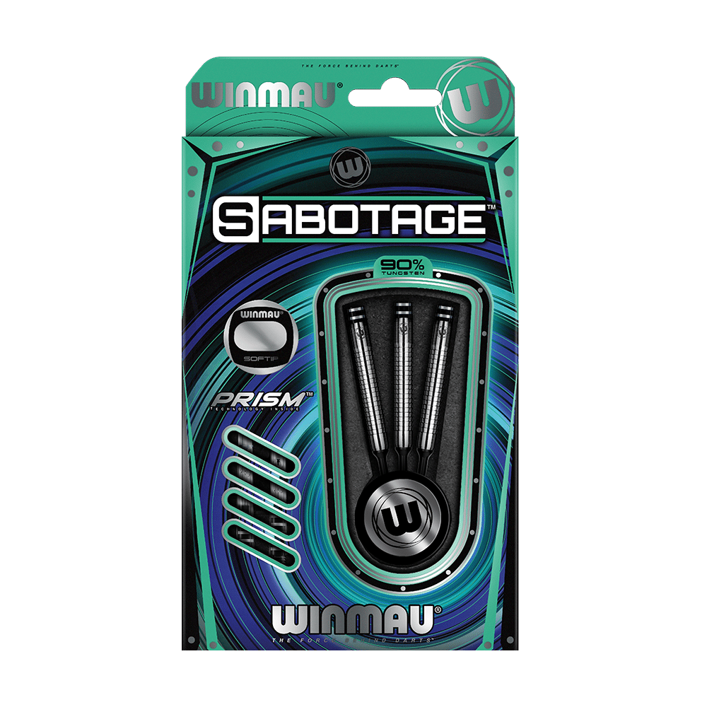 Auf dem Bild ist eine Verpackung mit drei Softdarts der Marke Winmau zu sehen. Die Darts tragen den Namen "Sabotage" und bestehen zu 90 % aus Tungsten.