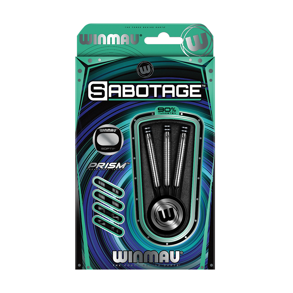 2057-18_Winmau_Sabotage_Softdarts_3 Auf dem Bild ist eine Verpackung mit drei Softdarts der Marke Winmau zu sehen. Die Darts tragen den Namen "Sabotage" und bestehen zu 90 % aus Tungsten.