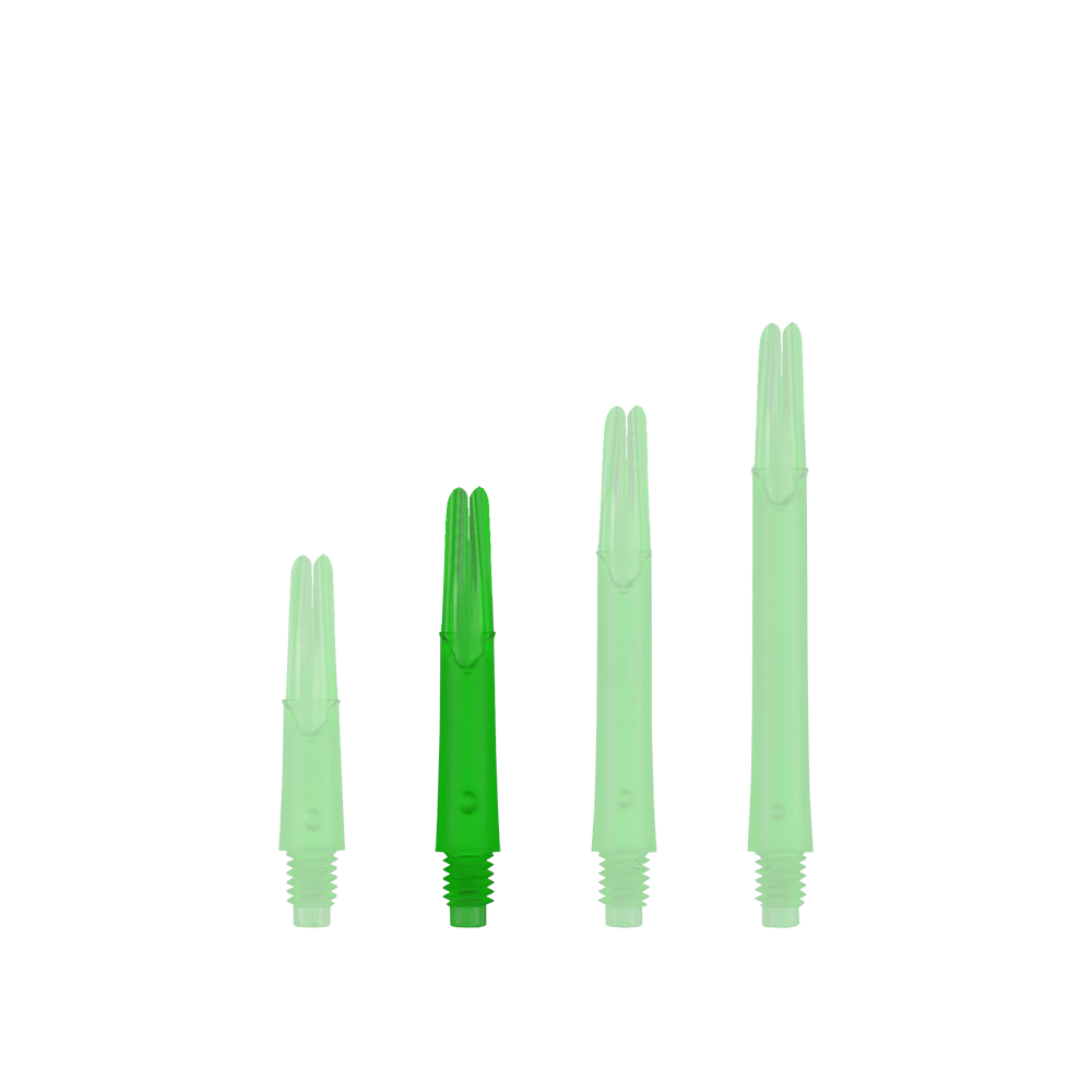 L-Style L-Shafts Locked Straight - Green 190 Auf dem Bild sind vier grüne, durchsichtige Kunststoff-Dartschäfte in unterschiedlicher Länge zu sehen. Sie stehen nebeneinander aufrecht auf einem grünen Hintergrund.