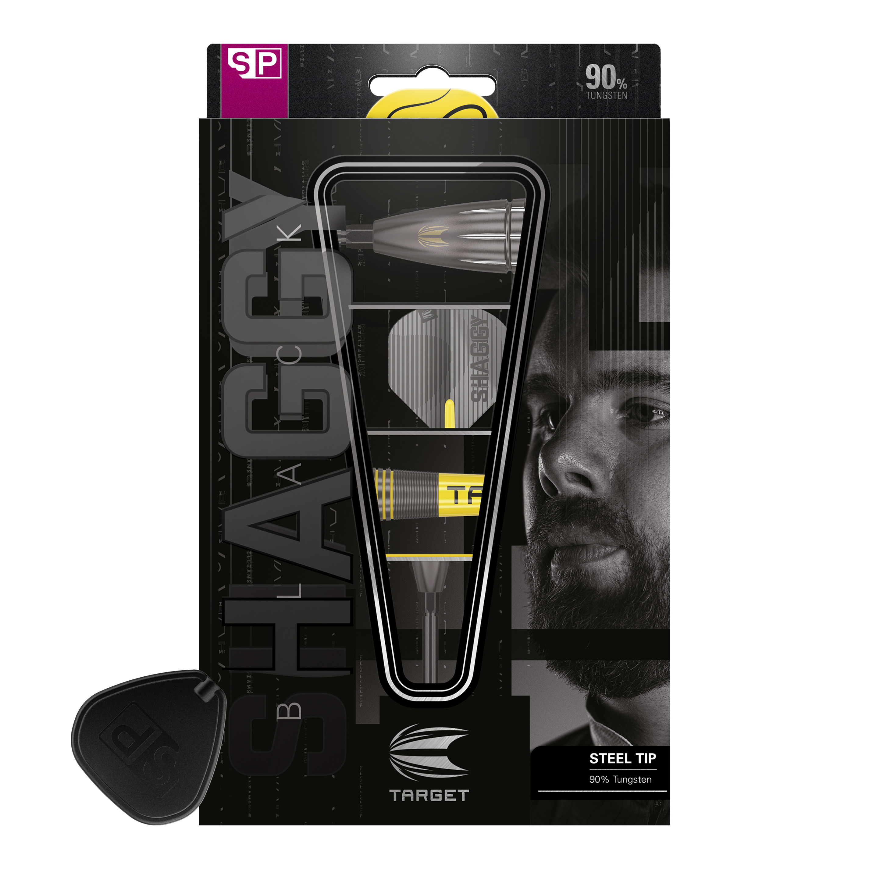 Target Scott Williams Shaggy Black Swiss Point Steeldarts Das Bild zeigt die Verpackung der "Target Scott Williams Shaggy Black Swiss Point Steeldarts". Auf der Verpackung sind ein abgebildeter Dartpfeil sowie das Gesicht eines Mannes zu sehen.