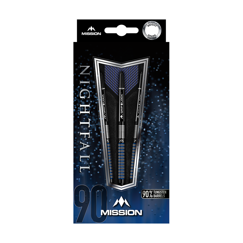 Mission Nightfall Model 1 Softdarts Das Bild zeigt die Verpackung der "Mission Nightfall Model 1 Softdarts". Die Darts bestehen zu 90 % aus Tungsten und sind auf einem dunkelblauen Hintergrund präsentiert.